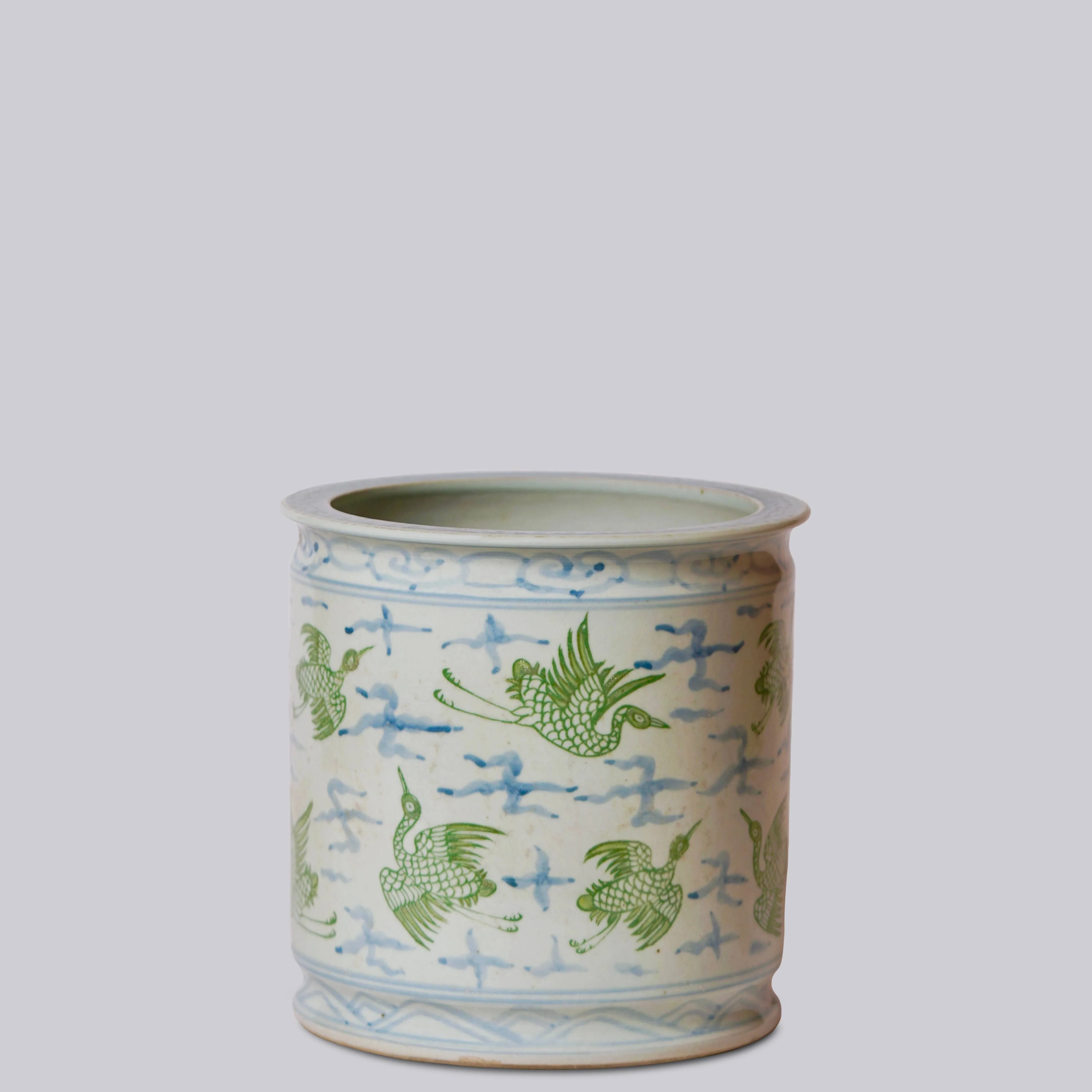 Cranes and Clouds Green and Blue Porcelain Cachepot - Image 3