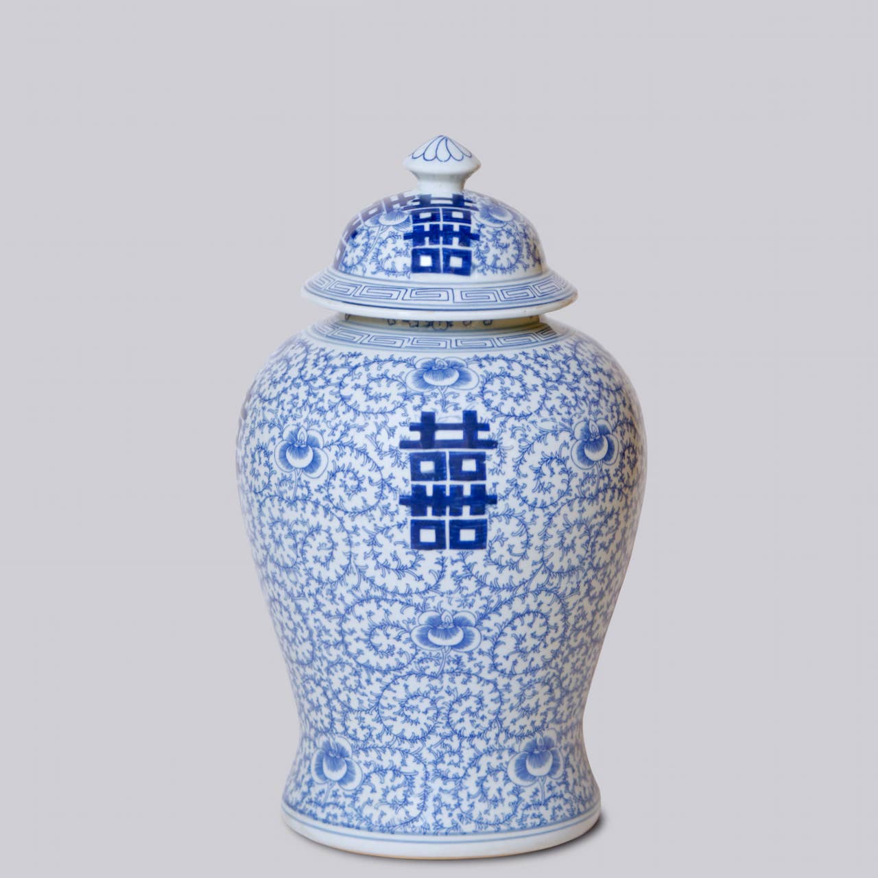 Double Happiness/Scrolling Peony Blue and White Temple Jar