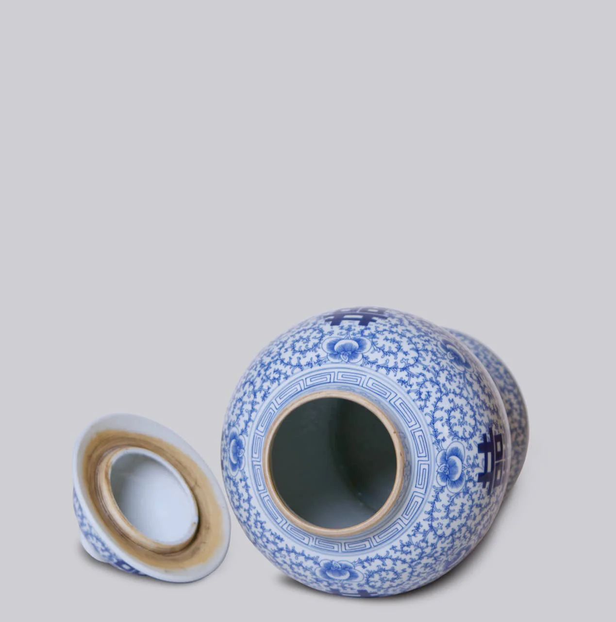 Double Happiness/Scrolling Peony Blue and White Temple Jar - Image 2