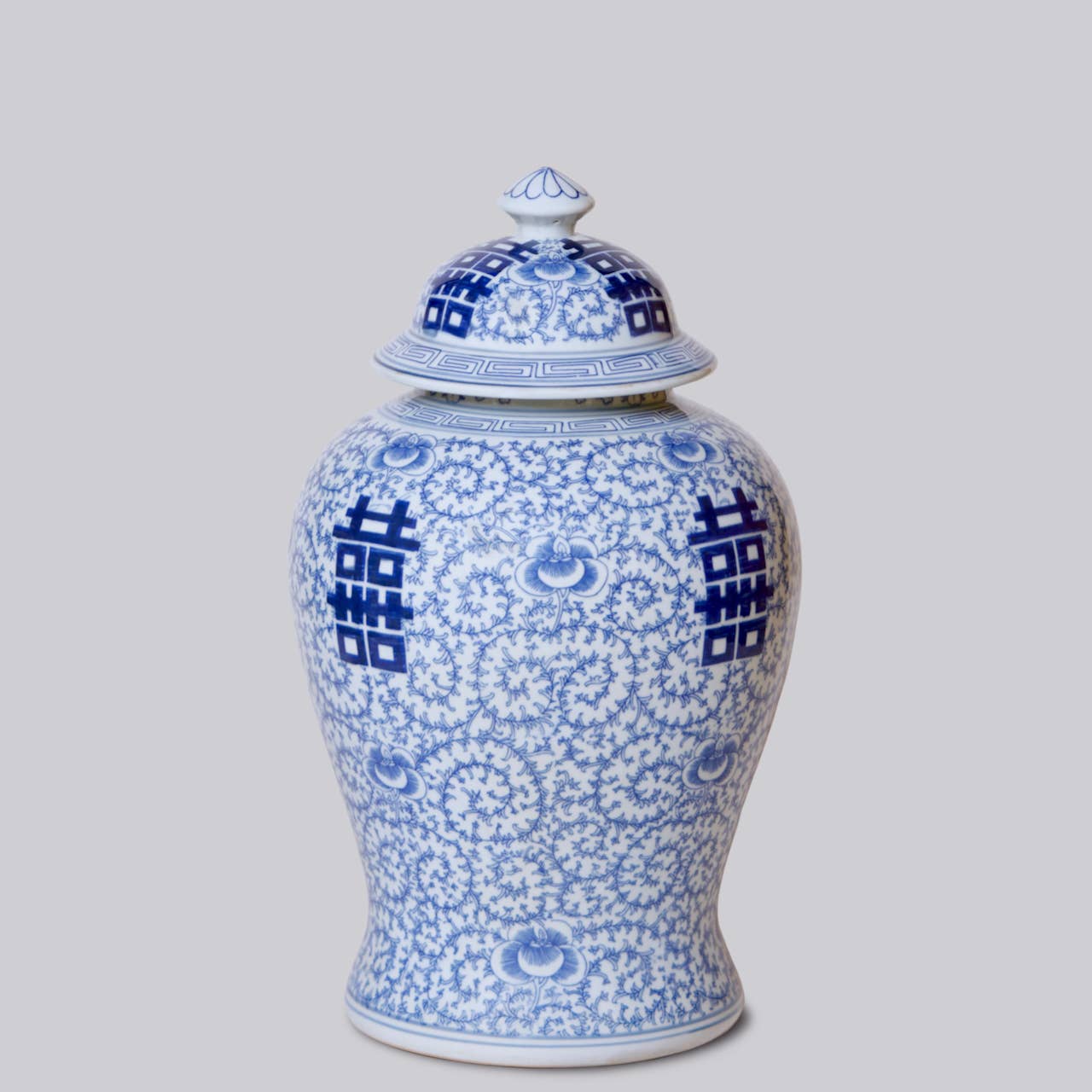 Double Happiness/Scrolling Peony Blue and White Temple Jar - Image 3