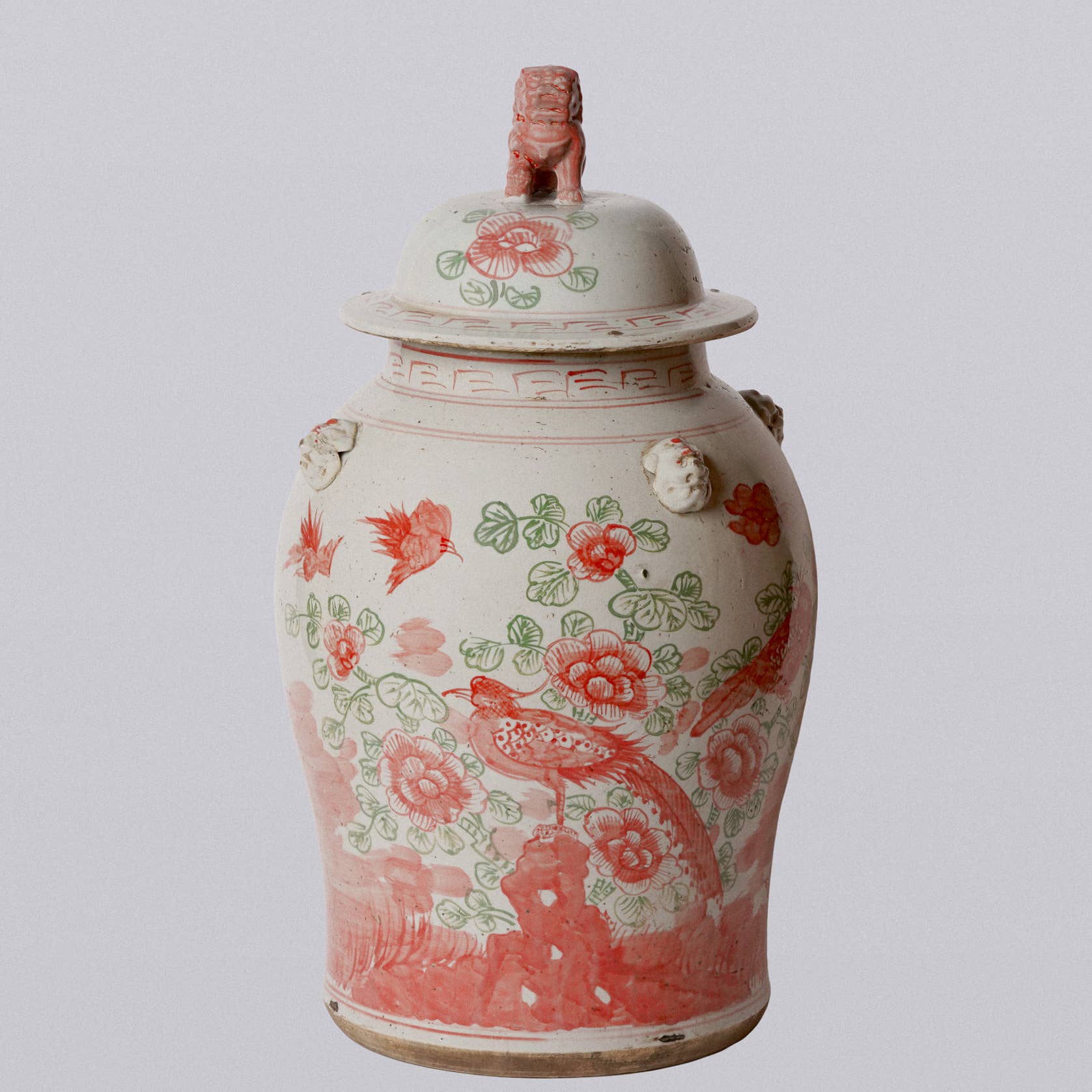 Extra Large Pink & Green Porcelain Bird & Flower Temple Jar - SOLD OUT