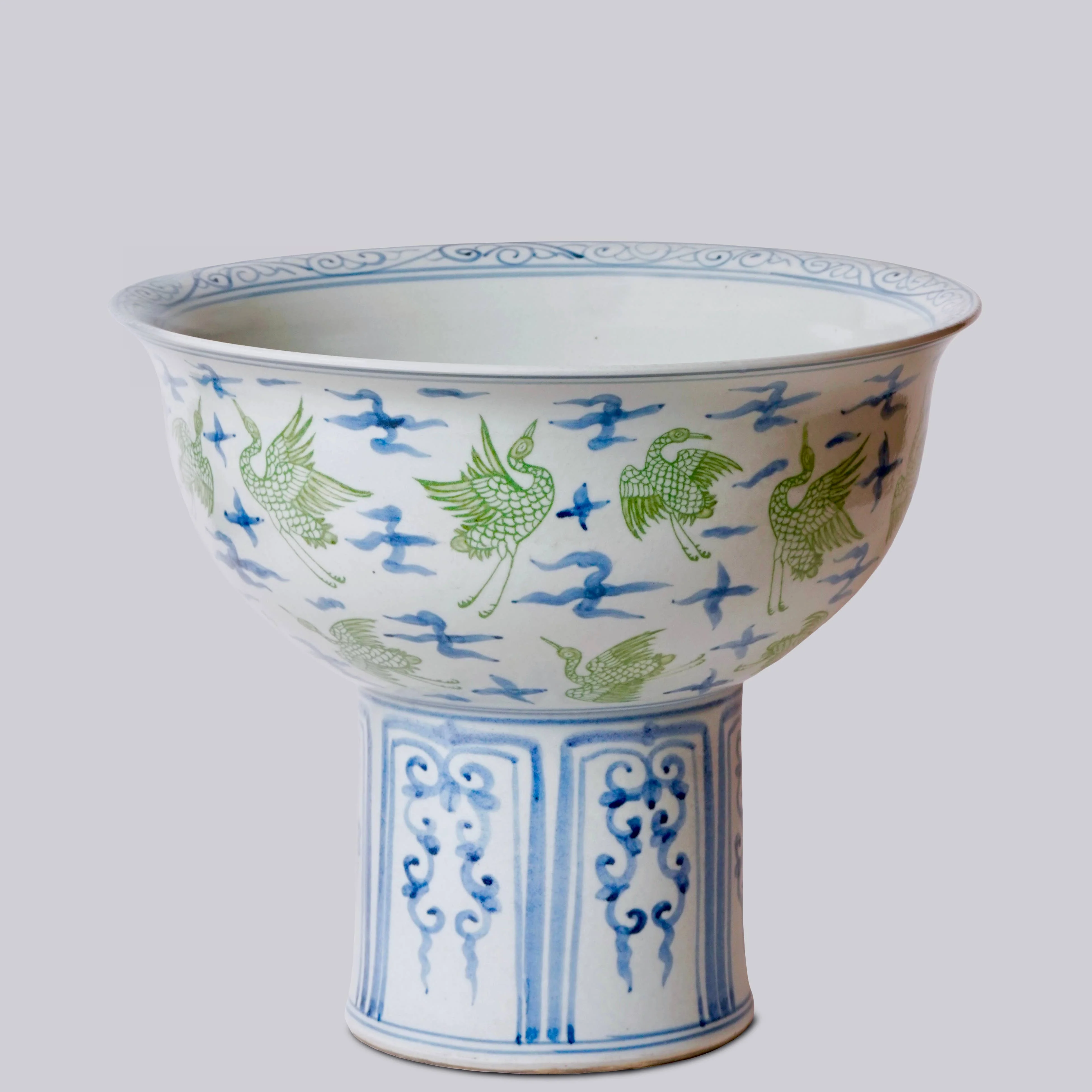 Green and Blue Porcelain Crane and Clouds Large Footed Bowl