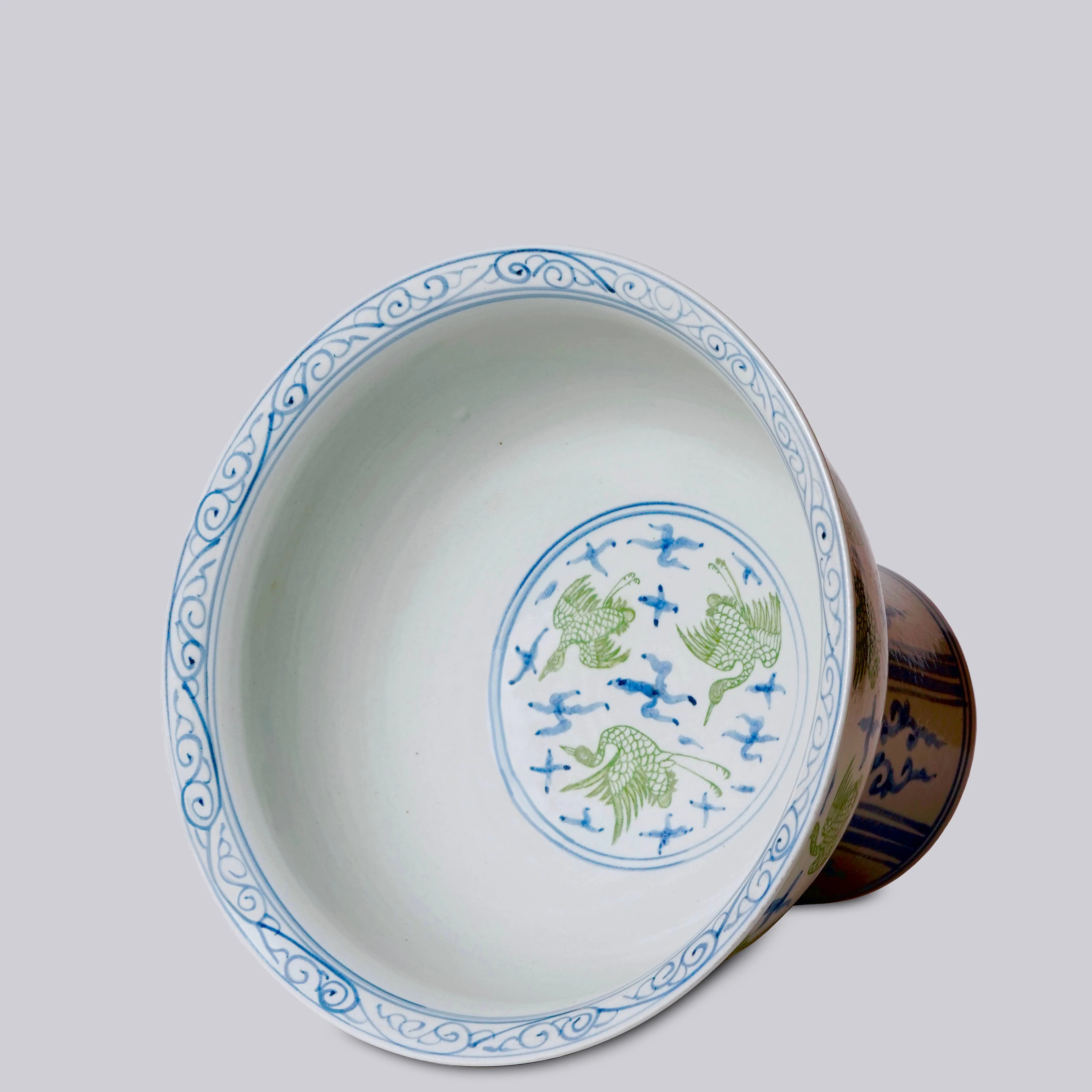 Green and Blue Porcelain Crane and Clouds Large Footed Bowl - Image 2