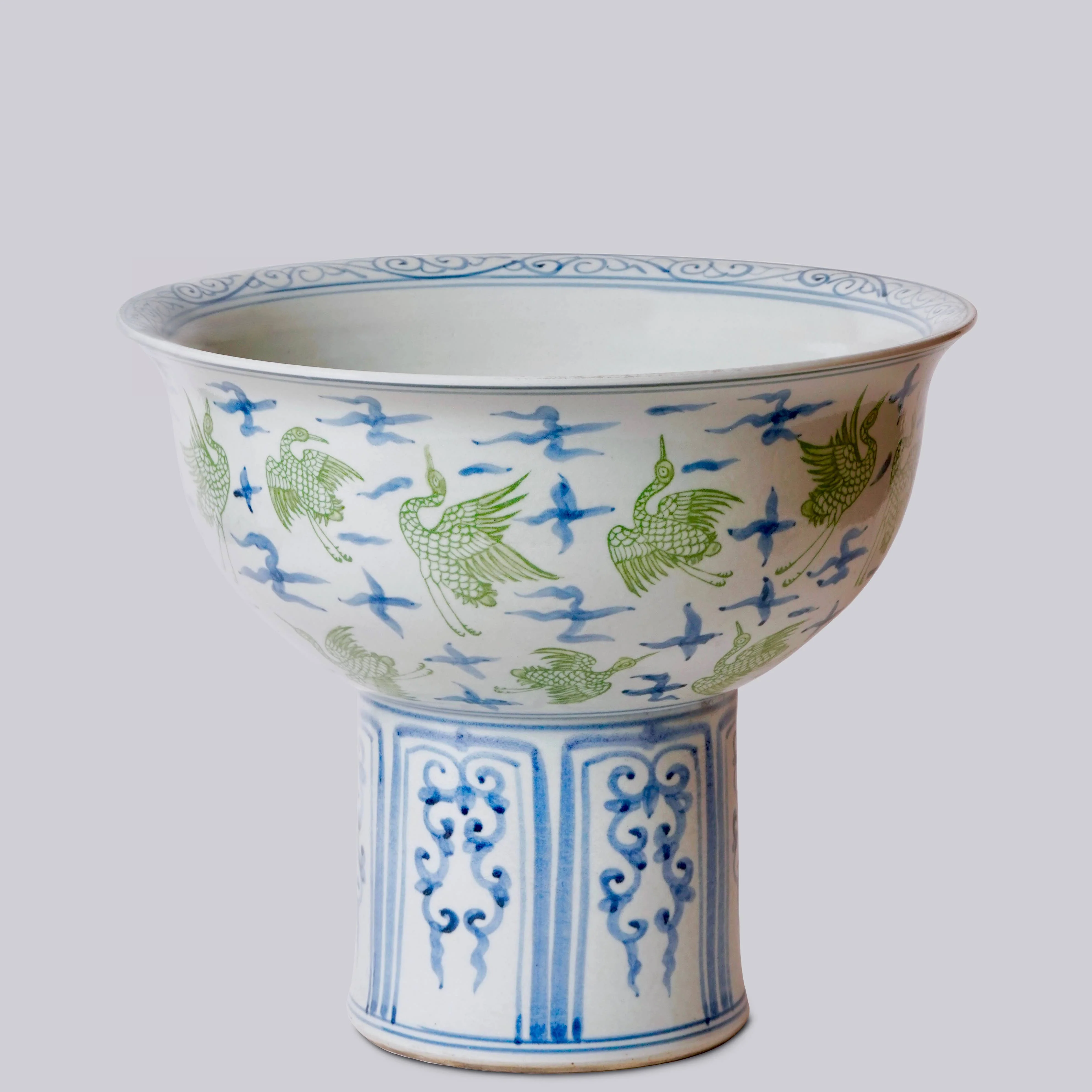 Green and Blue Porcelain Crane and Clouds Large Footed Bowl - Image 3