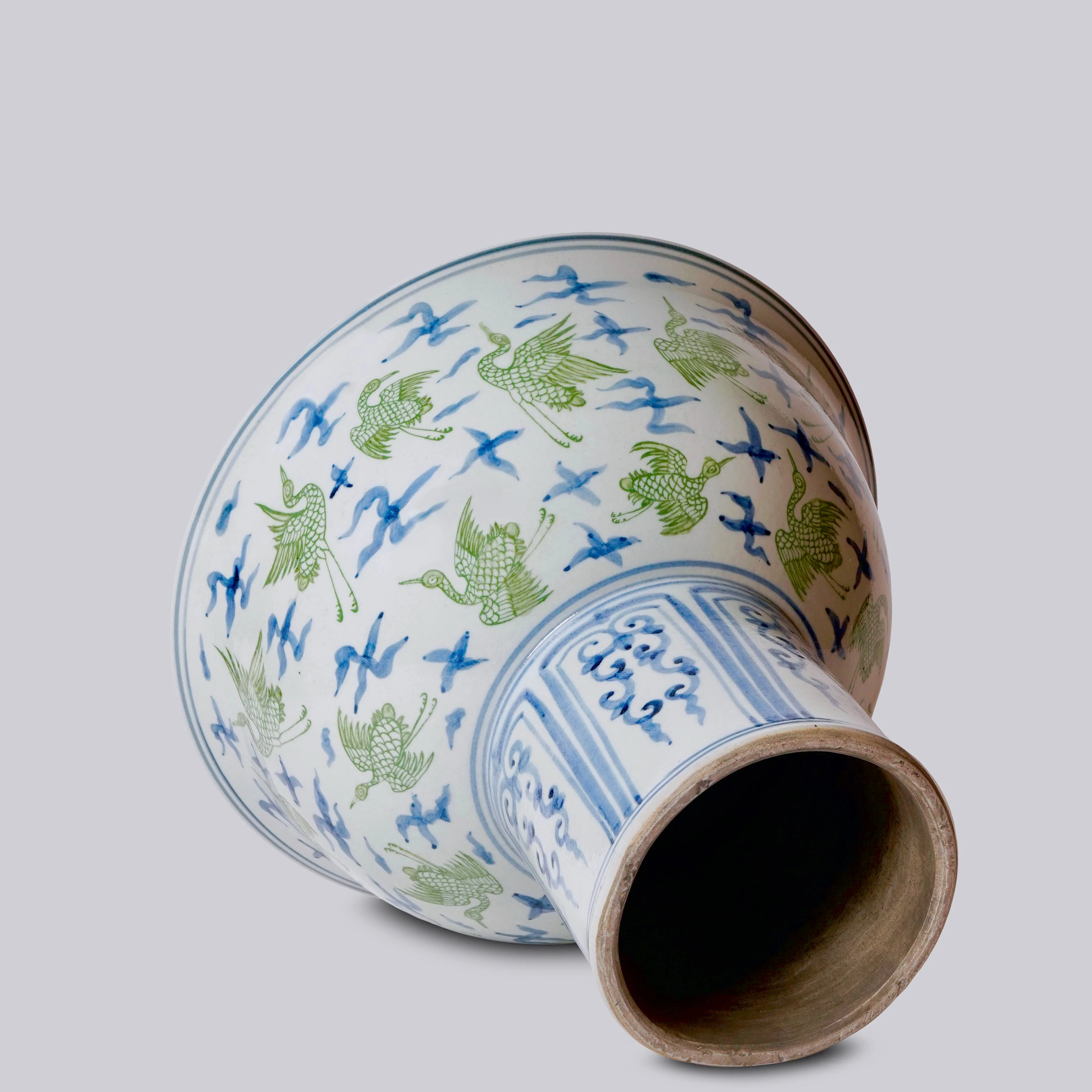 Green and Blue Porcelain Crane and Clouds Large Footed Bowl - Image 4