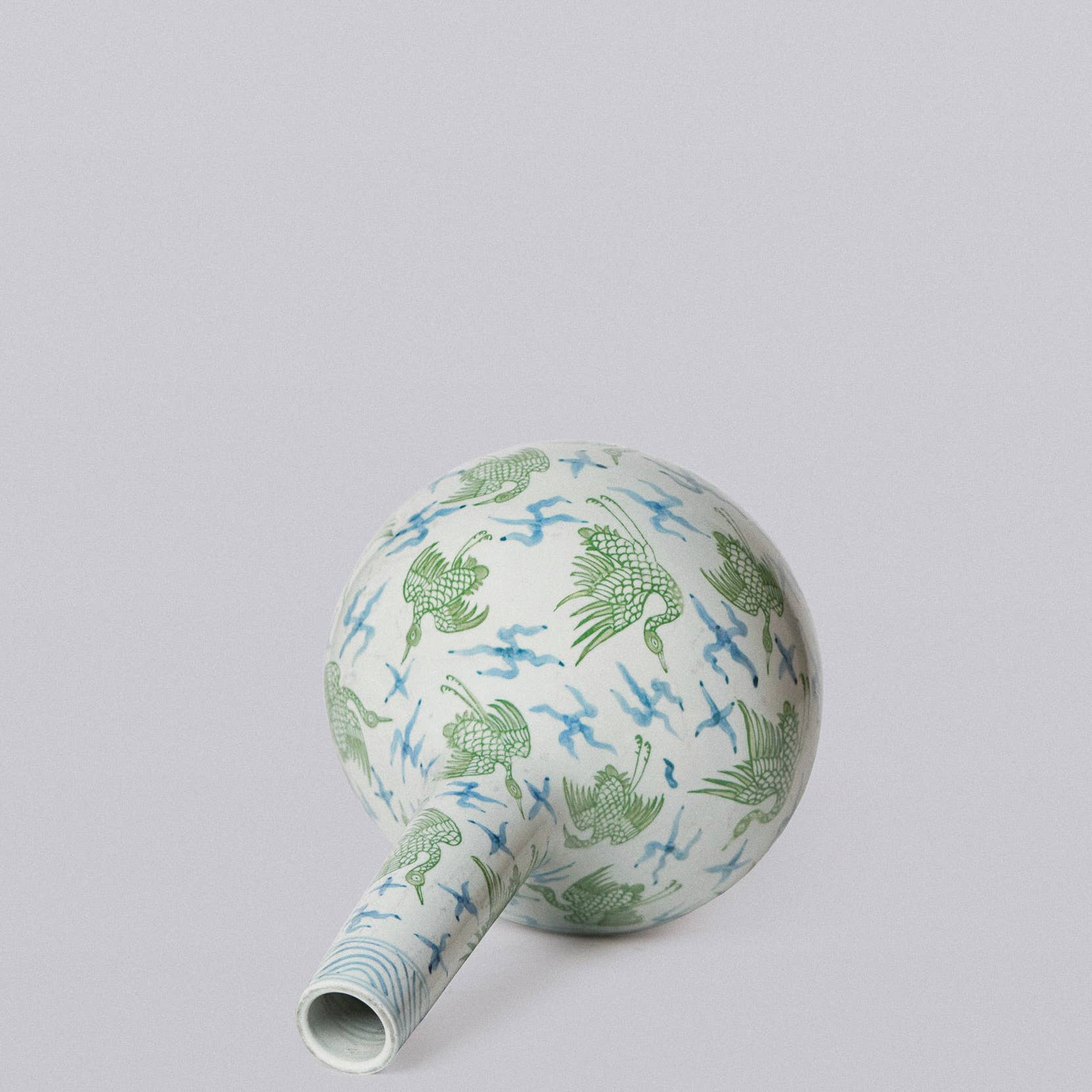 Green and Blue Porcelain Cranes and Clouds Globe Vase - Image 2