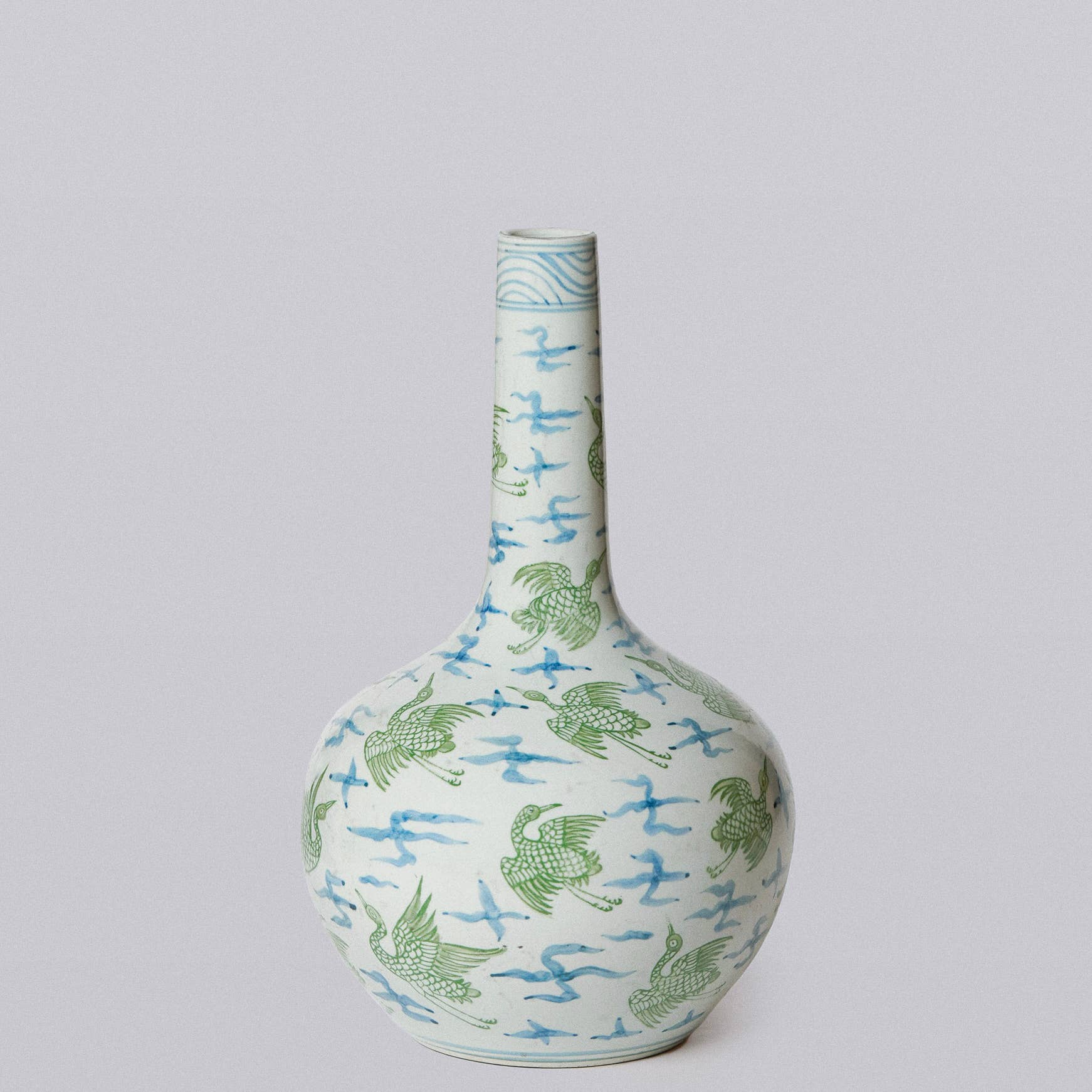 Green and Blue Porcelain Cranes and Clouds Globe Vase - Image 3