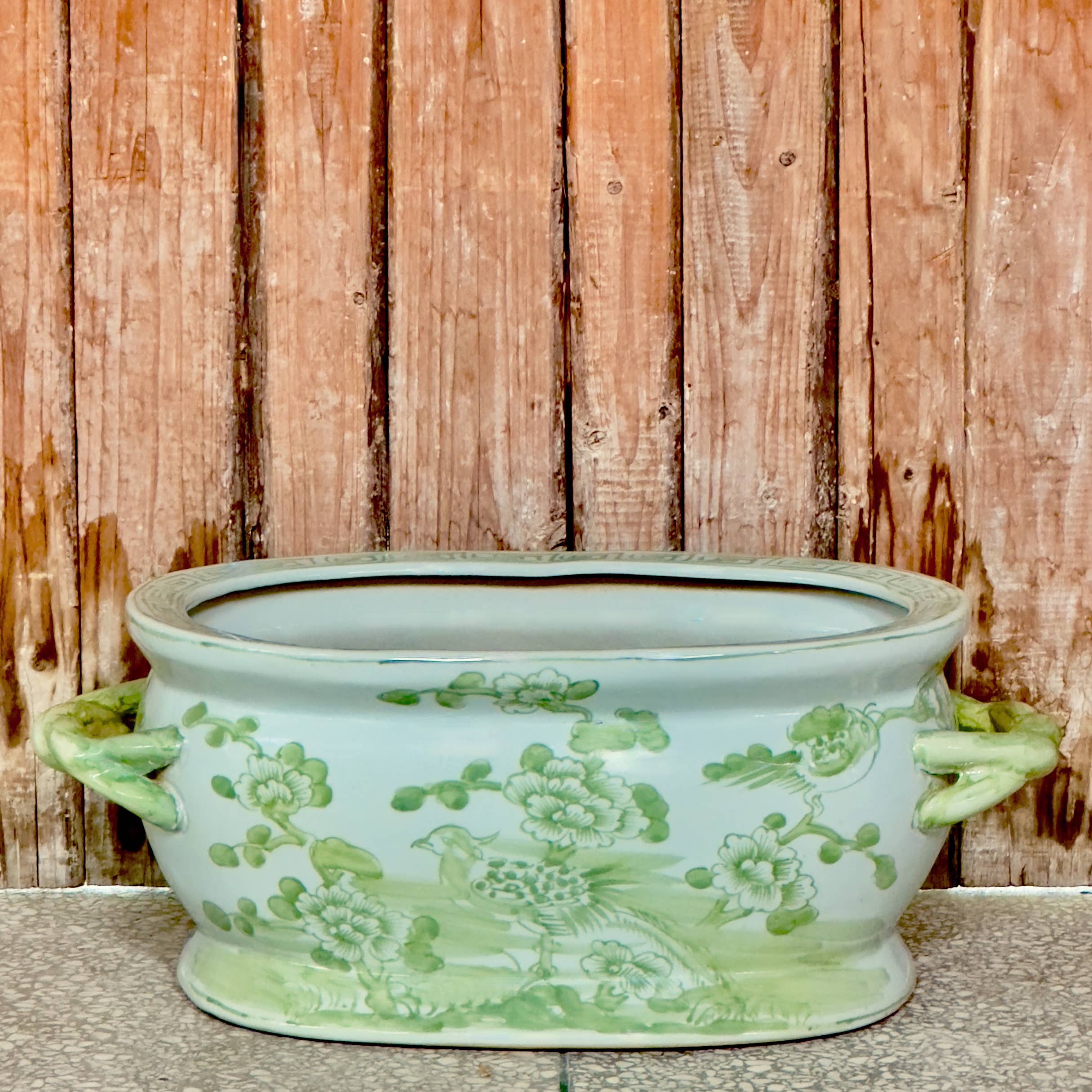 Green and White Bird and Flower Porcelain Oval Compote