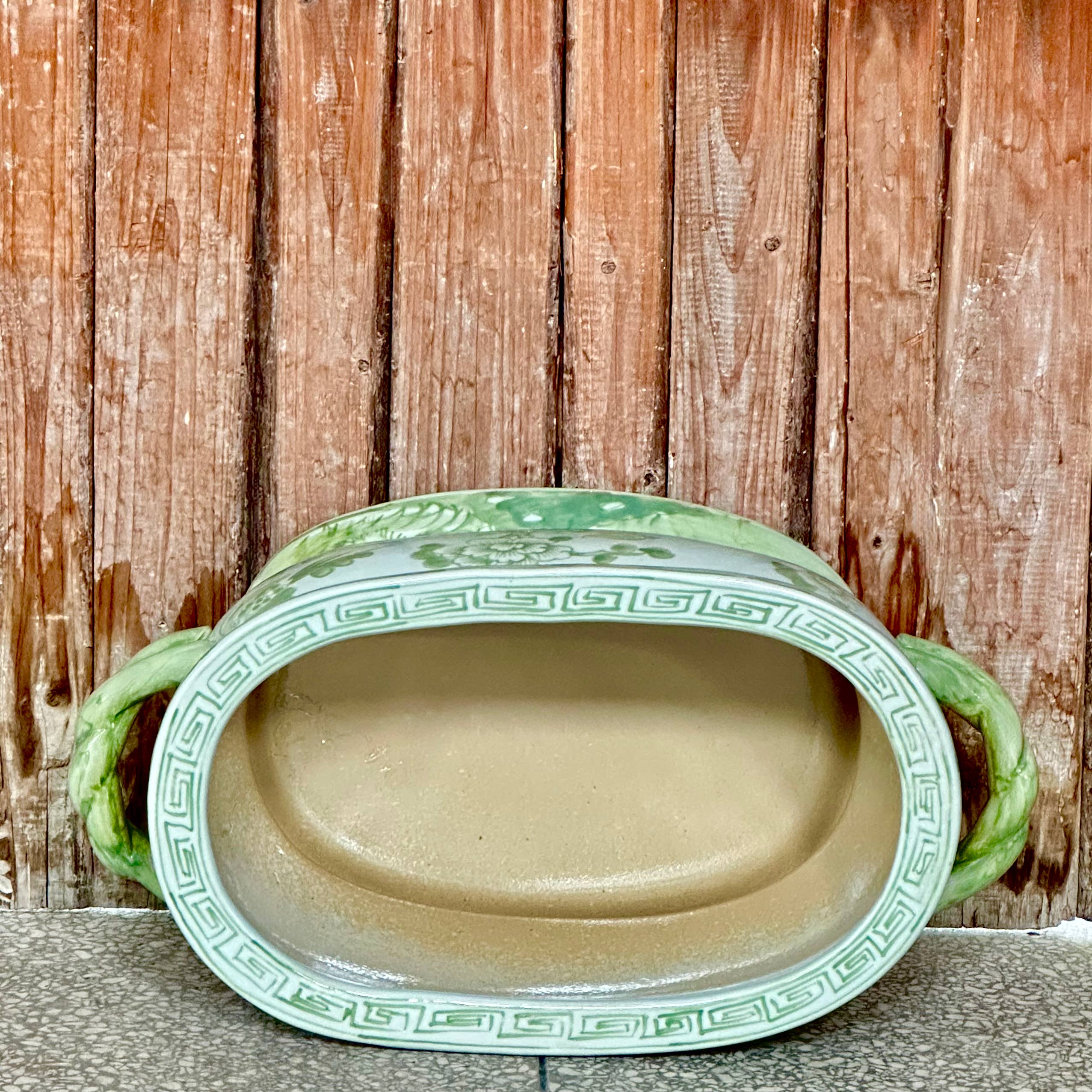 Green and White Bird and Flower Porcelain Oval Compote - Image 2