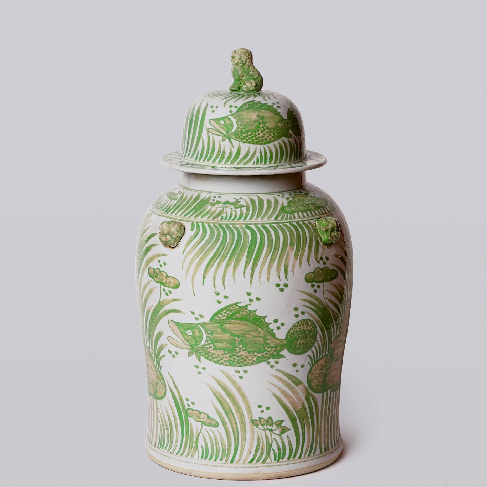 Green and White Fish and Lotus Porcelain Temple Jar