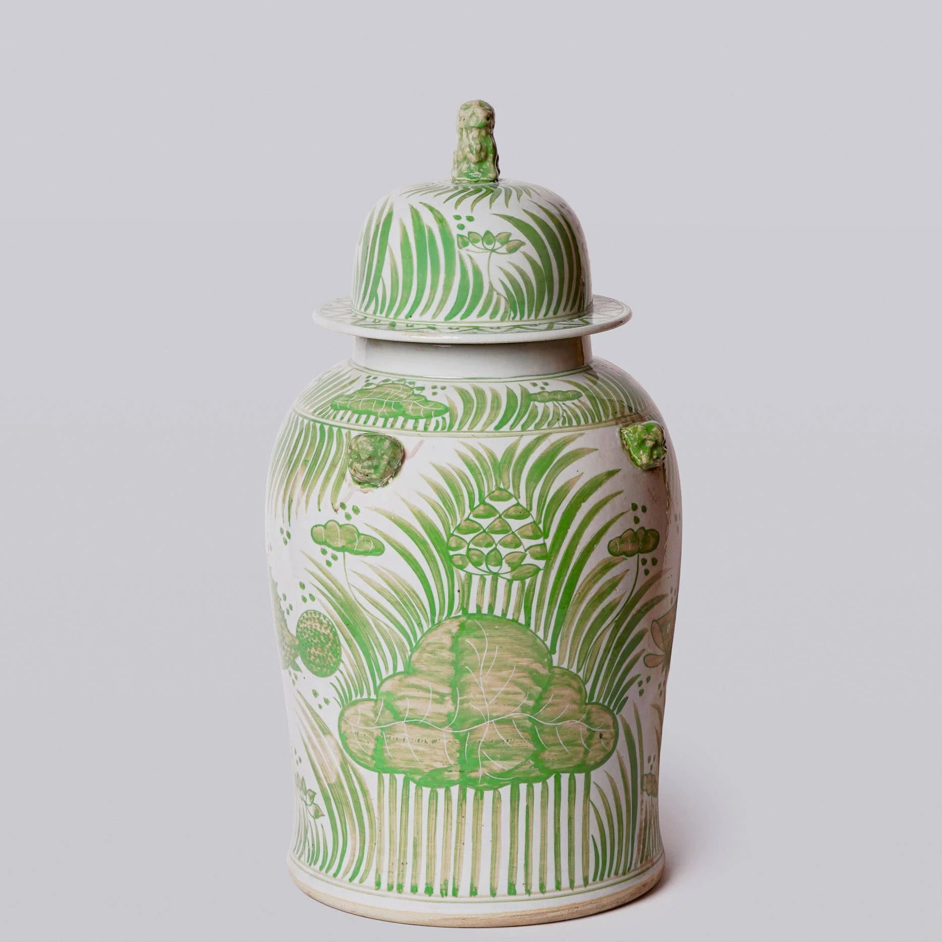 Green and White Fish and Lotus Porcelain Temple Jar - Image 3