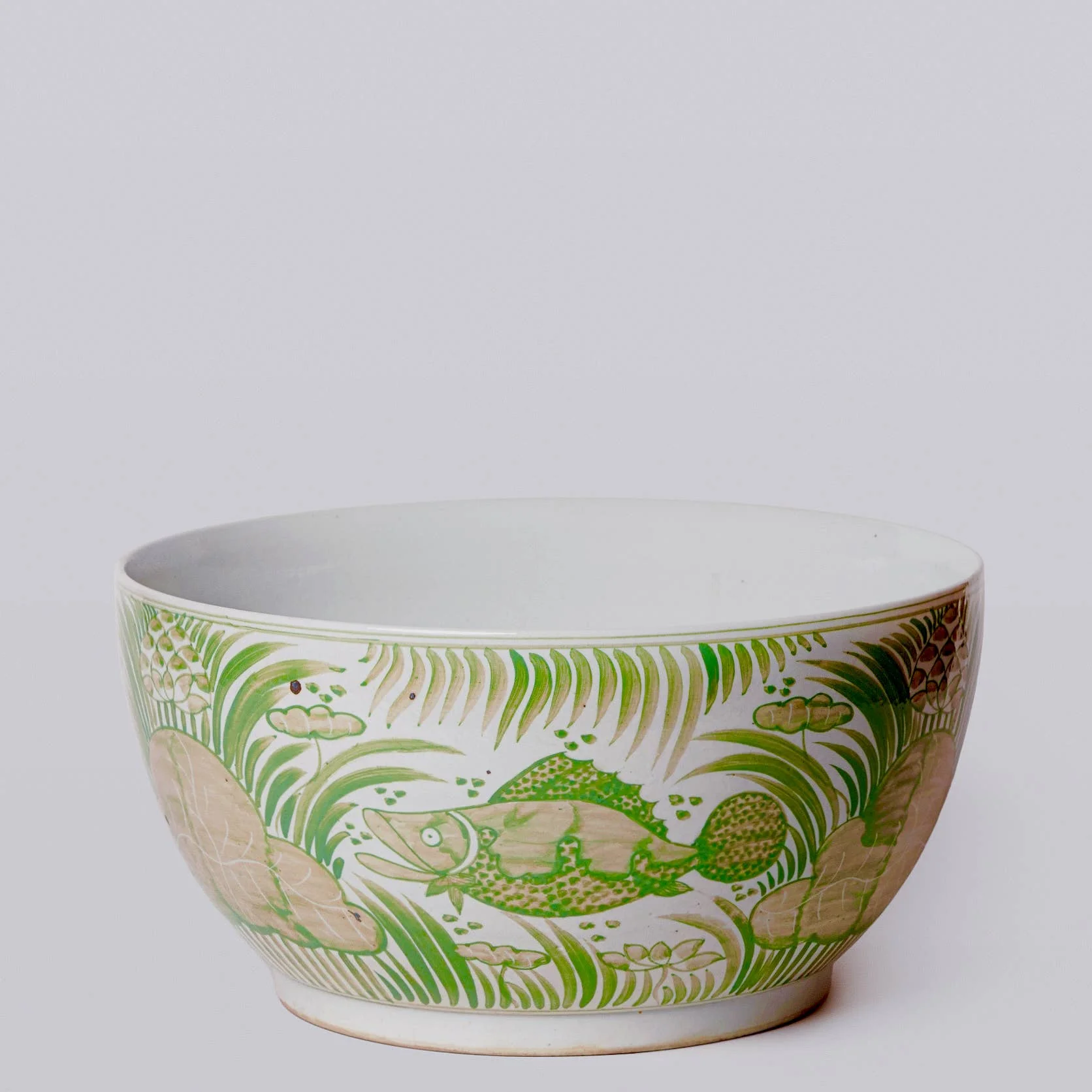 Green and White Porcelain Fish and Lotus Large Bowl