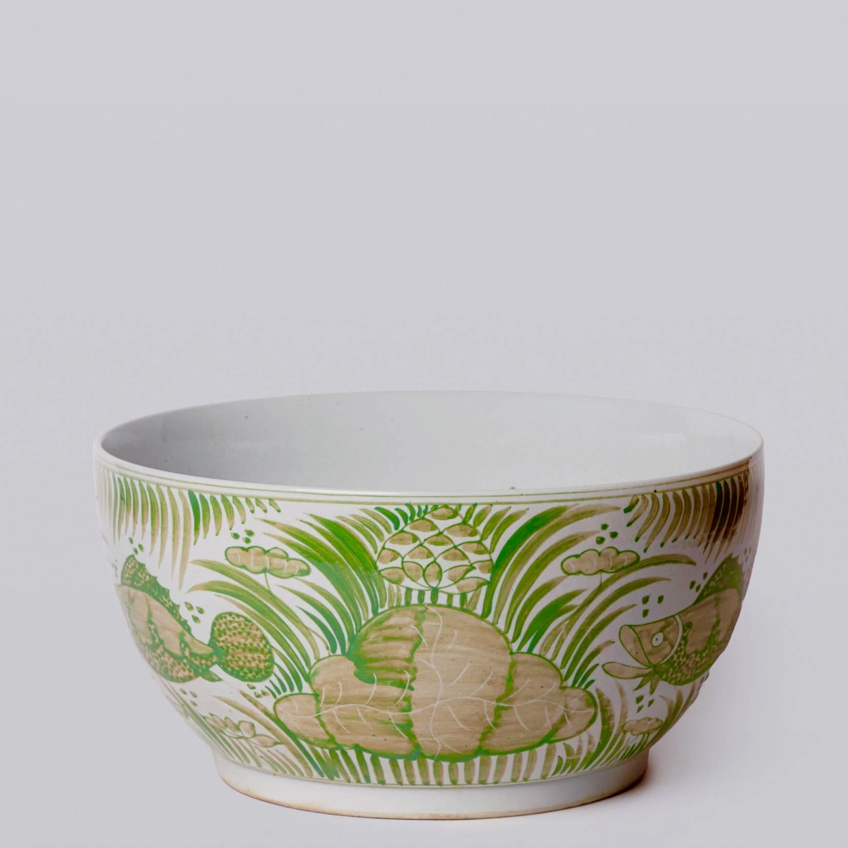 Green and White Porcelain Fish and Lotus Large Bowl - Image 3