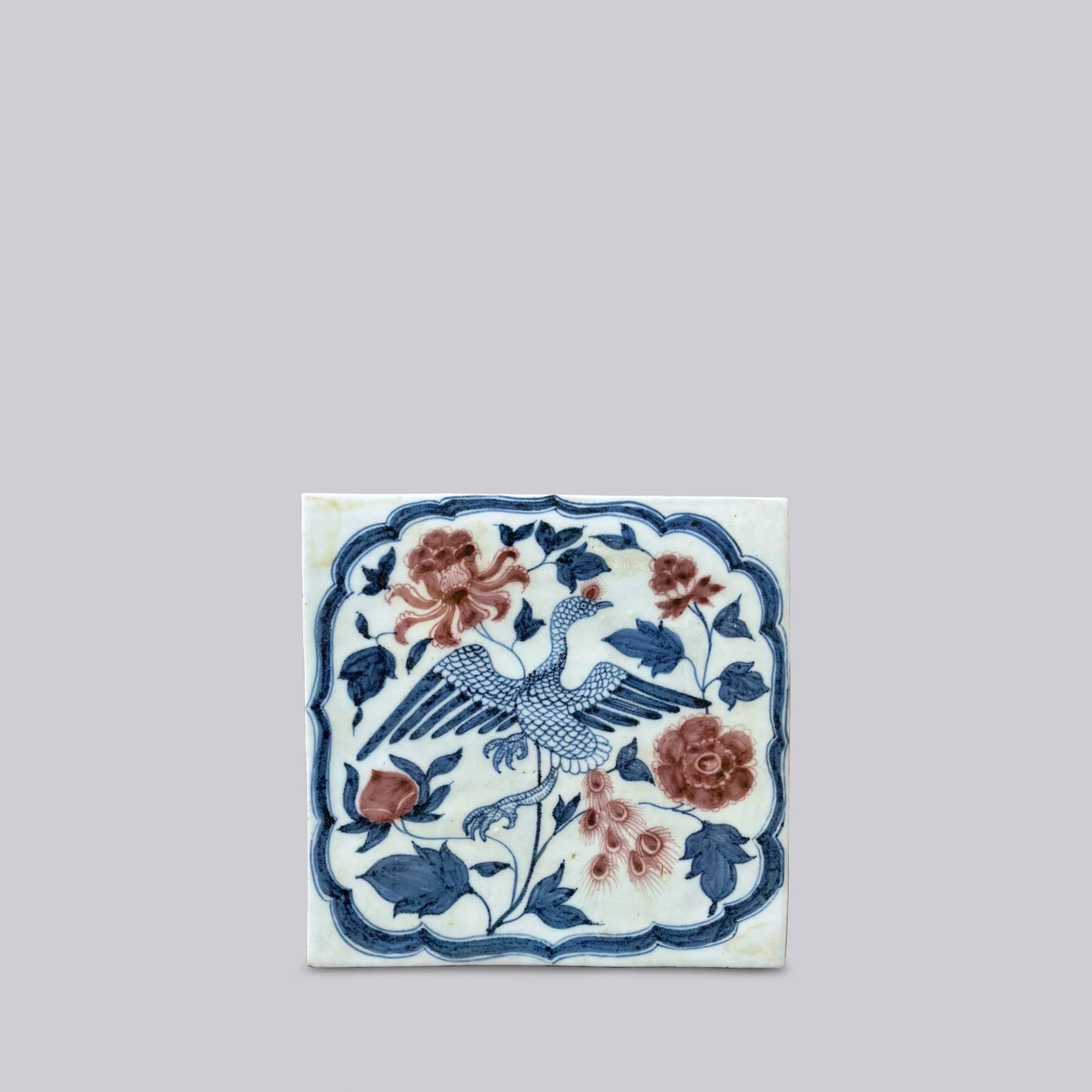 Hand Painted Porcelain Blue and Red Phoenix Tile