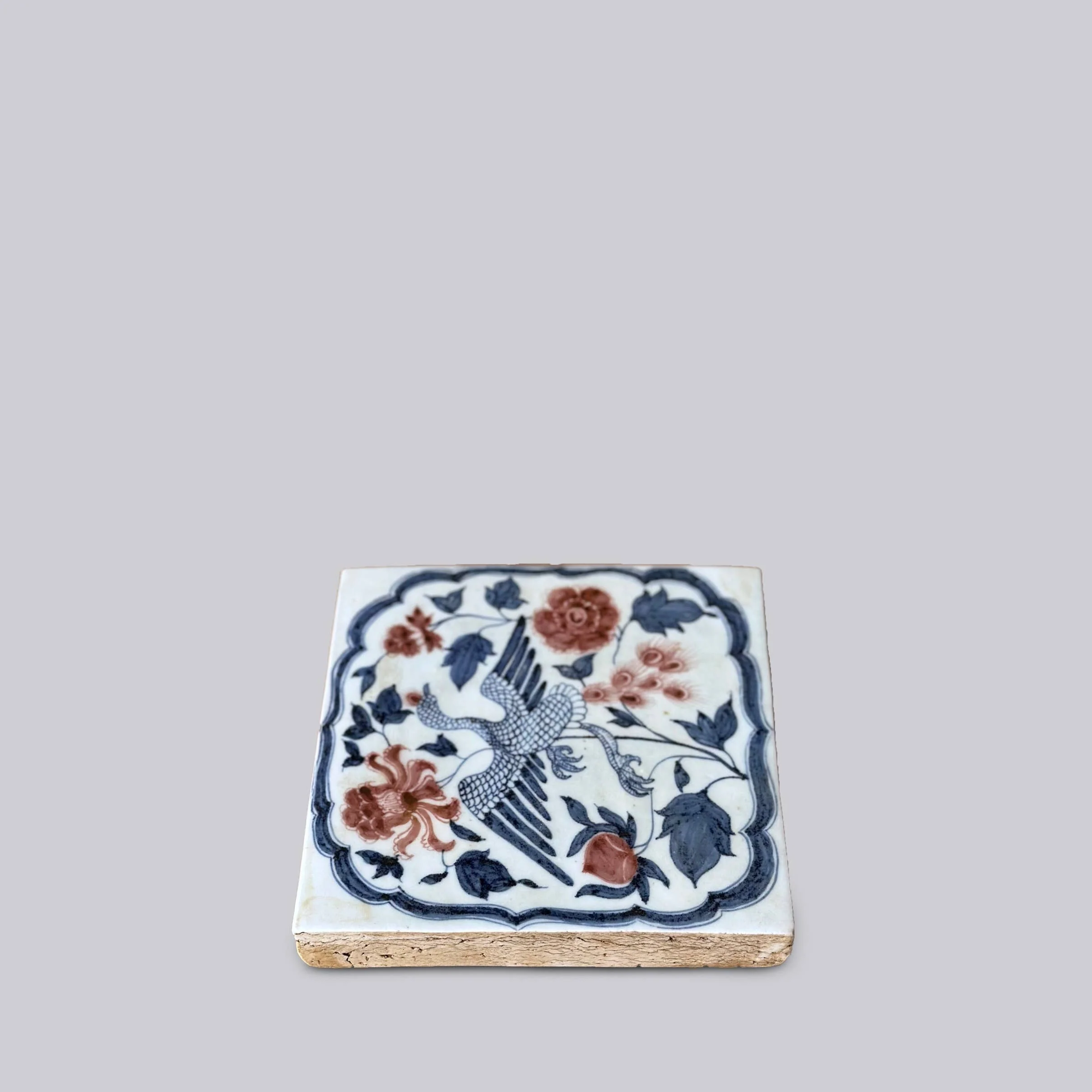 Hand Painted Porcelain Blue and Red Phoenix Tile - Image 3