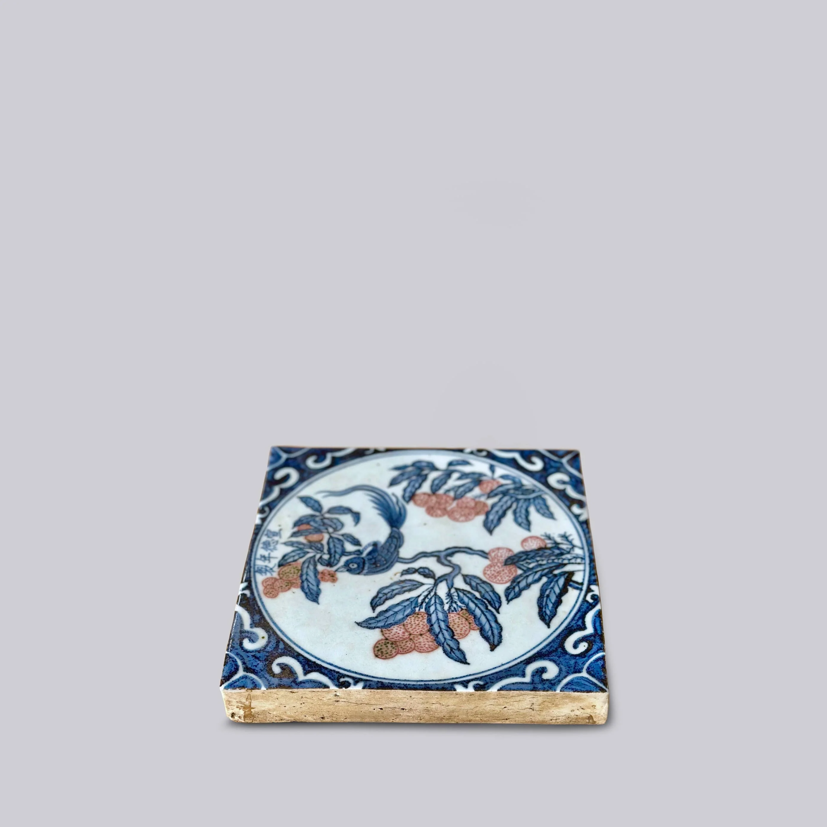 Hand Painted Porcelain Blue and Red Songbird Tile - Image 3