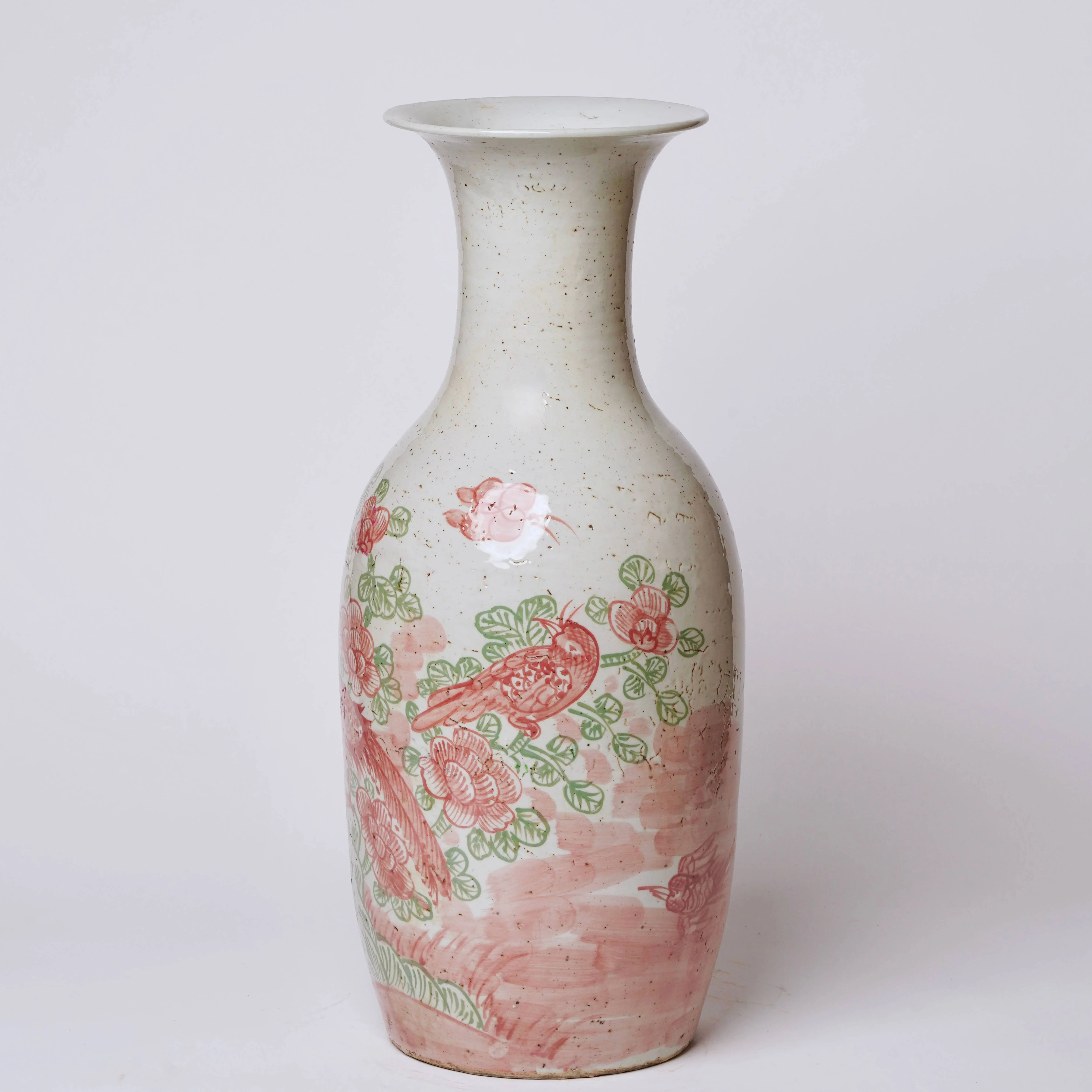 Large Pink and Green Bird and Flower Porcelain Mallet Vase - Image 2