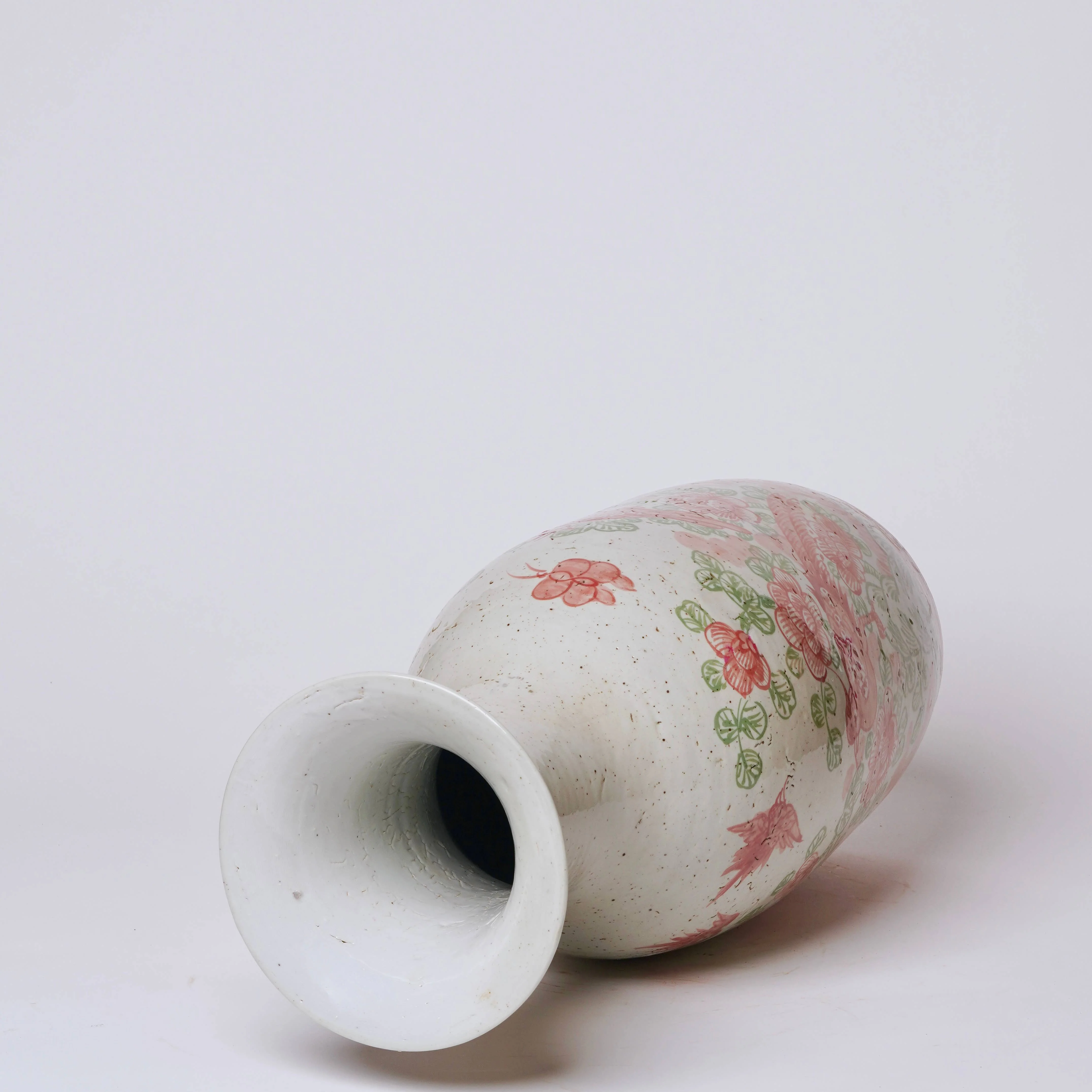 Large Pink and Green Bird and Flower Porcelain Mallet Vase - Image 3