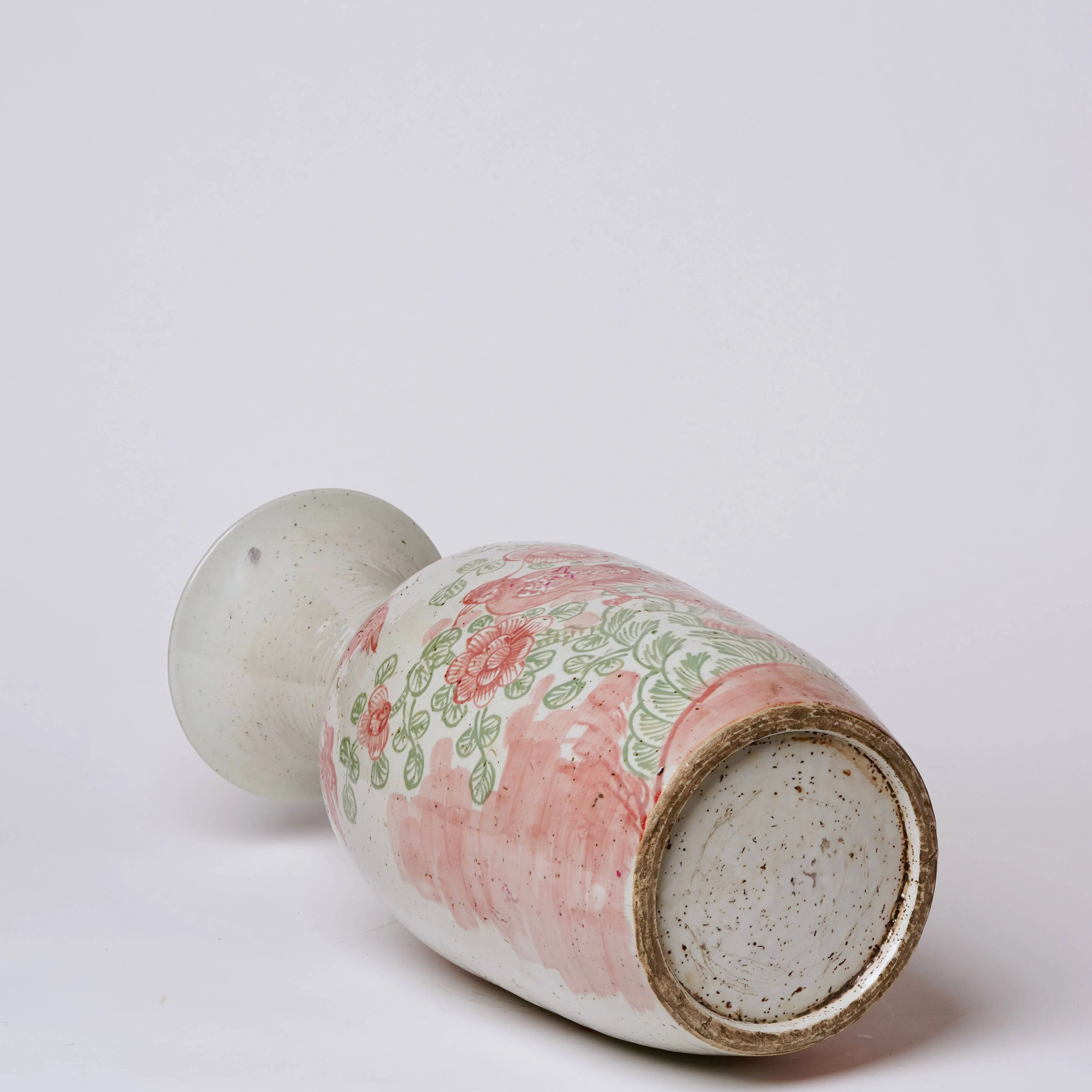 Large Pink and Green Bird and Flower Porcelain Mallet Vase - Image 4