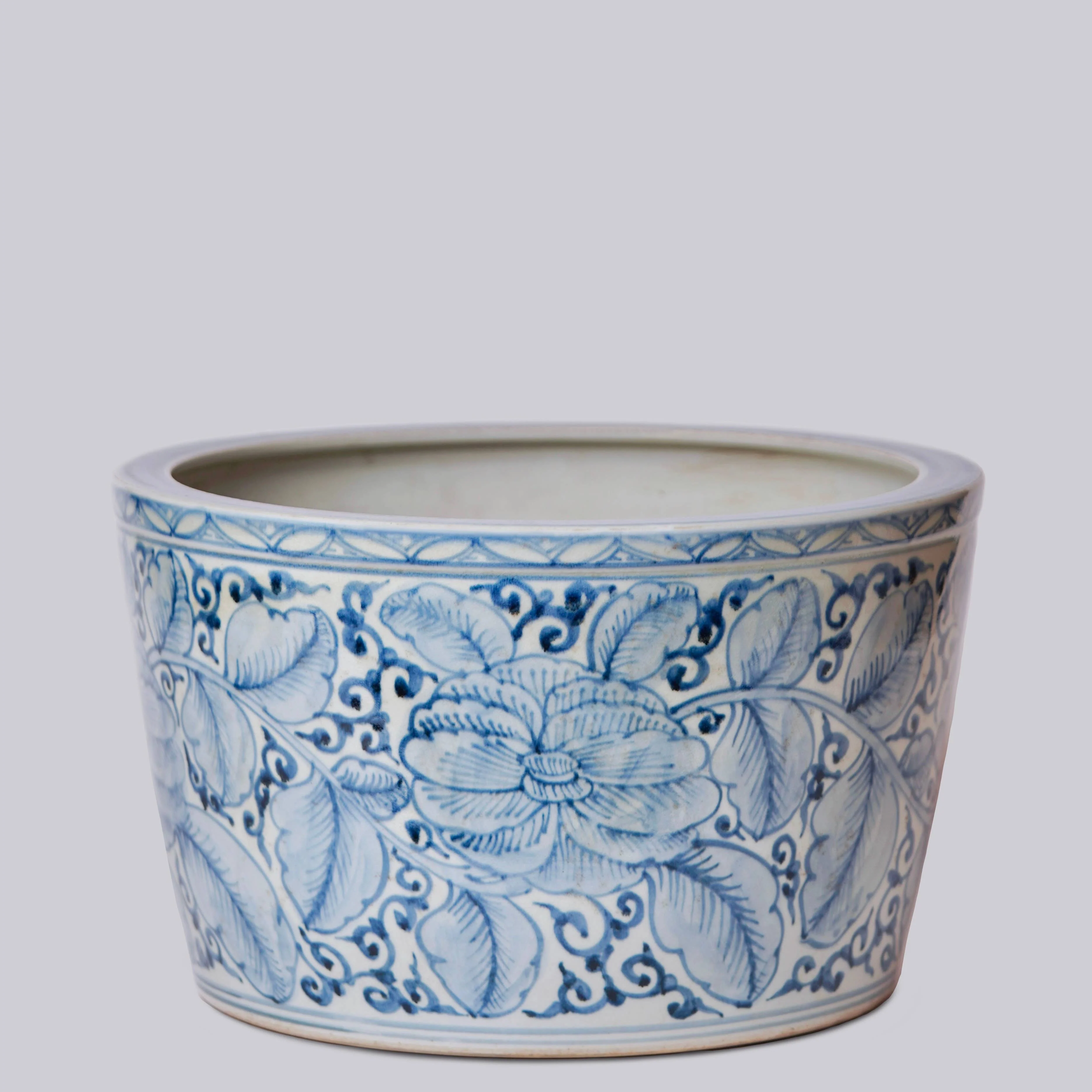 Large Rustic Rose Blue and White Porcelain Planter