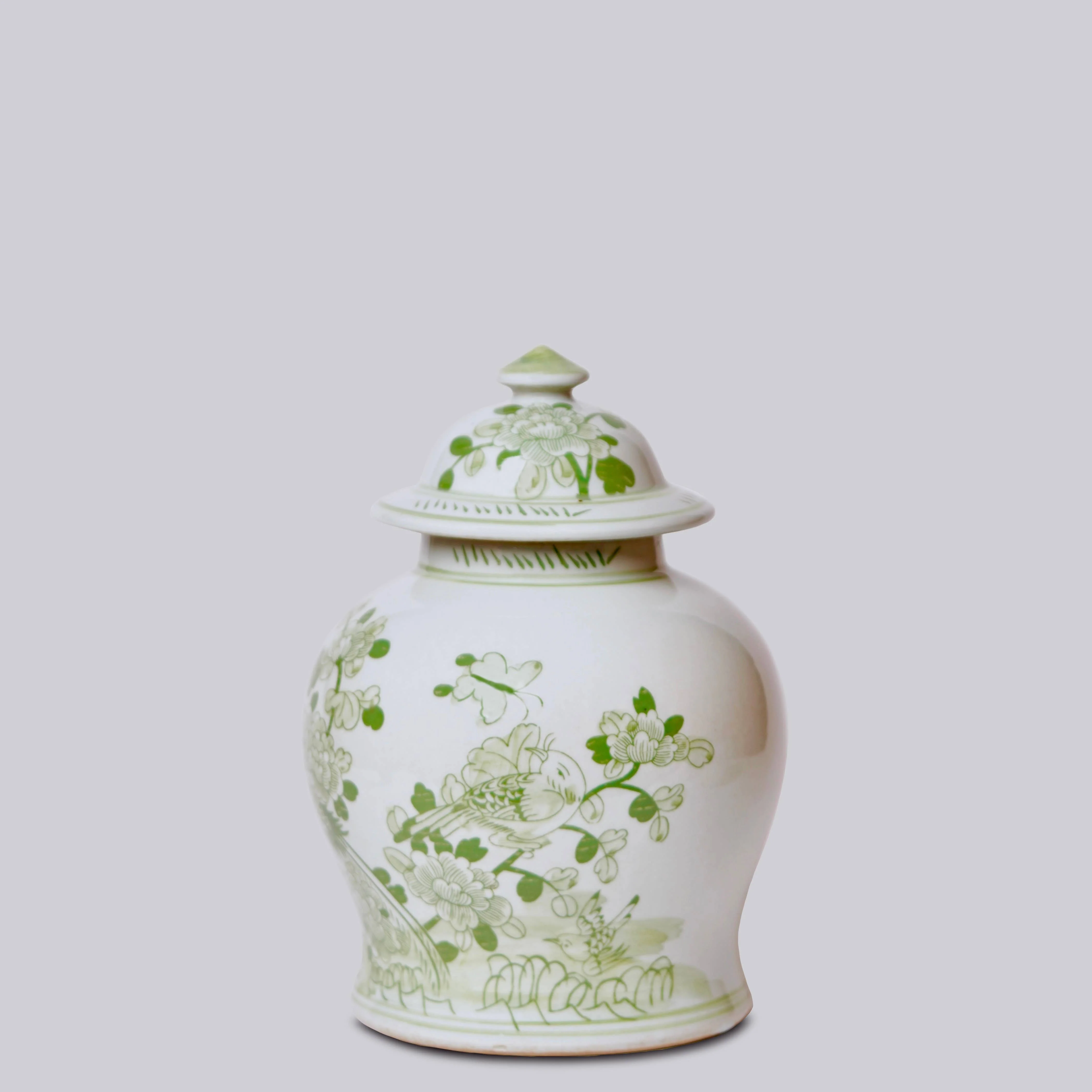 Medium Green and White Porcelain Bird and Flower Temple Jar - Image 3