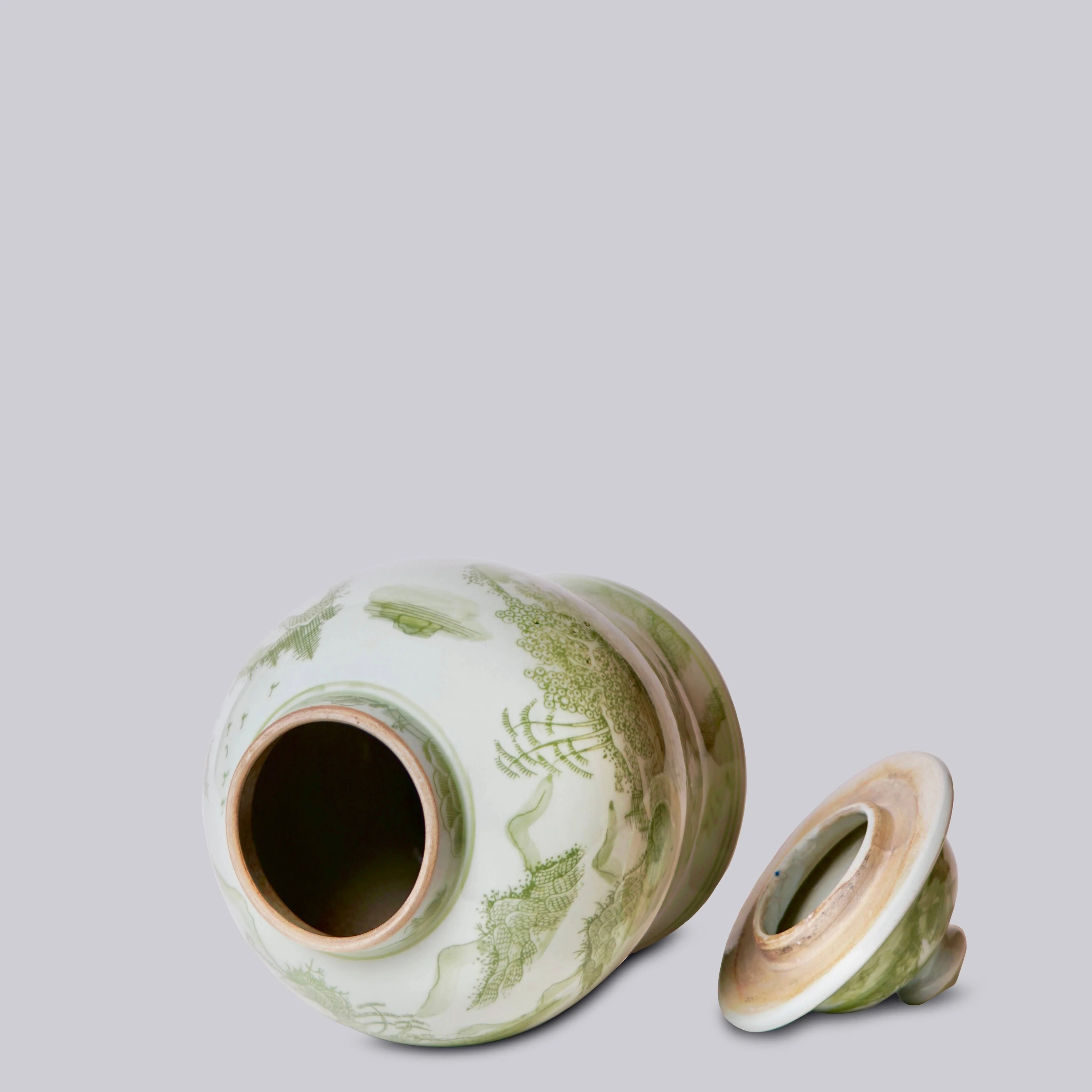Medium Green and White Porcelain Landscape Temple Jar - Image 2