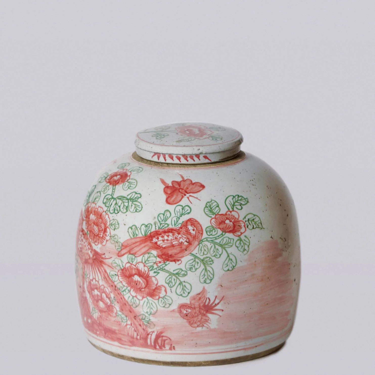 Pink & Green Rustic Porcelain Bird & Flower Large Lidded Jar - Image 3