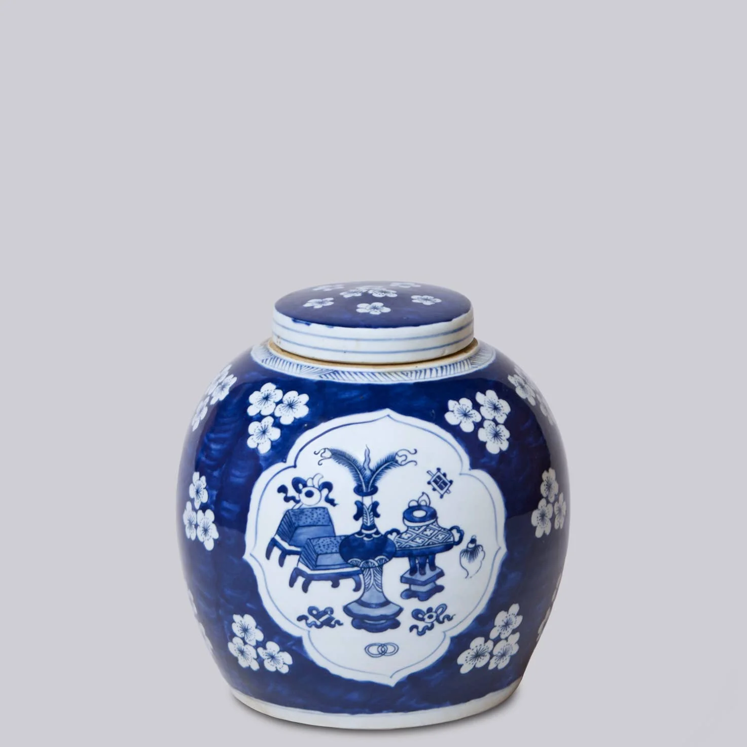 Plum Panel Blue and White Porcelain Lidded Round Storage Jar