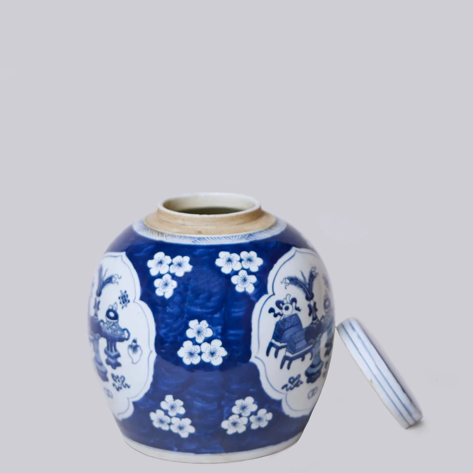 Plum Panel Blue and White Porcelain Lidded Round Storage Jar - Image 3
