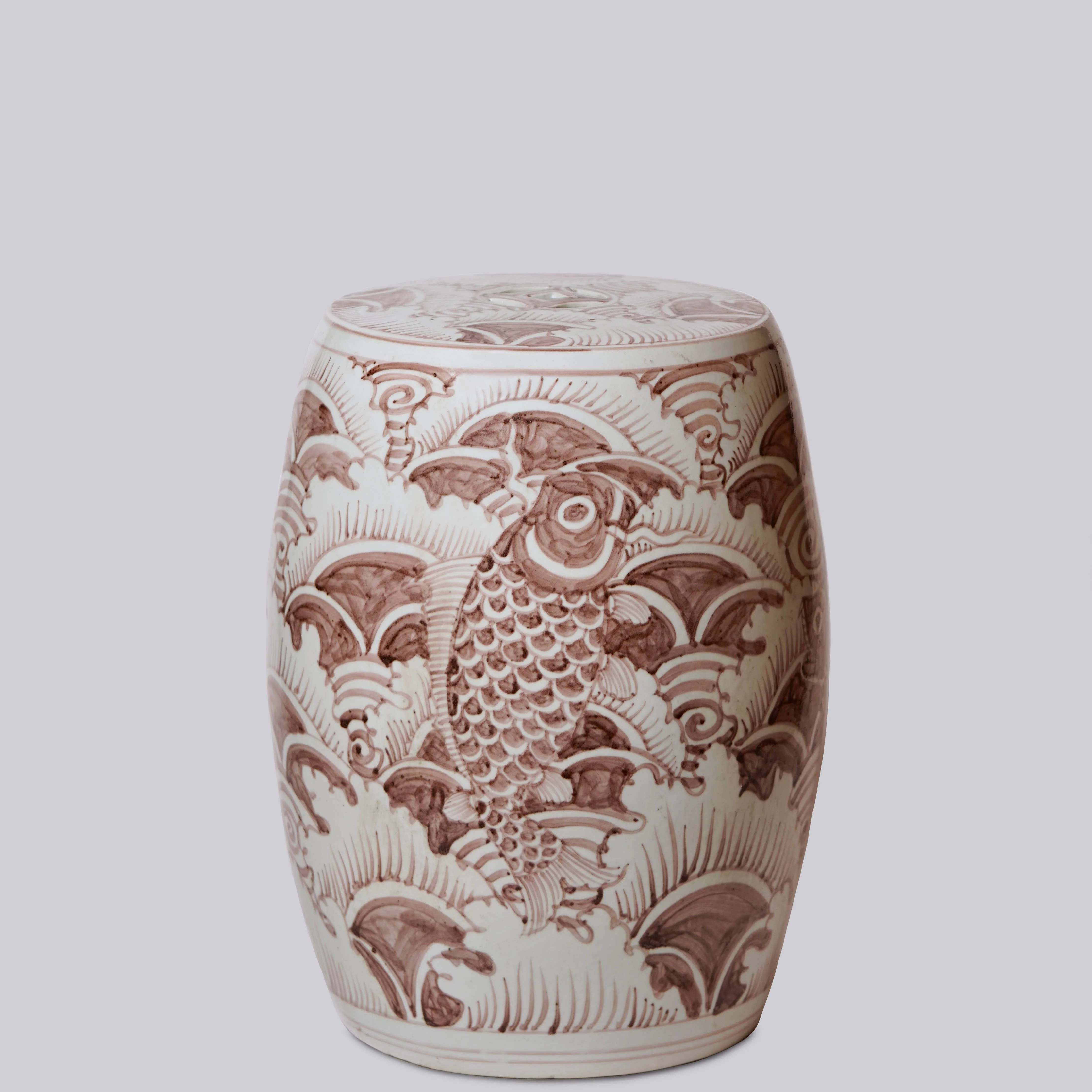 Red and White Porcelain Fish & Waves Garden Seat