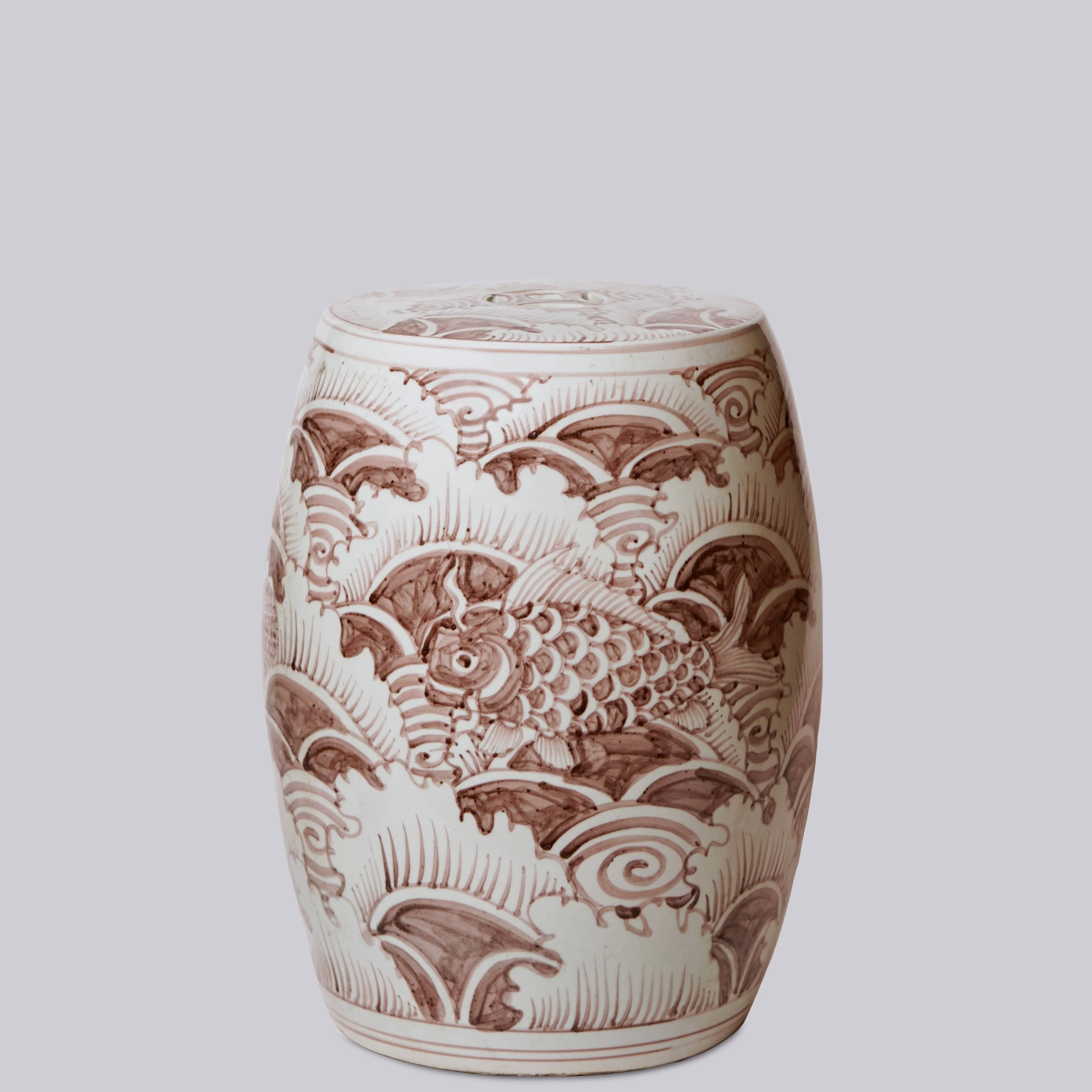 Red and White Porcelain Fish & Waves Garden Seat - Image 2