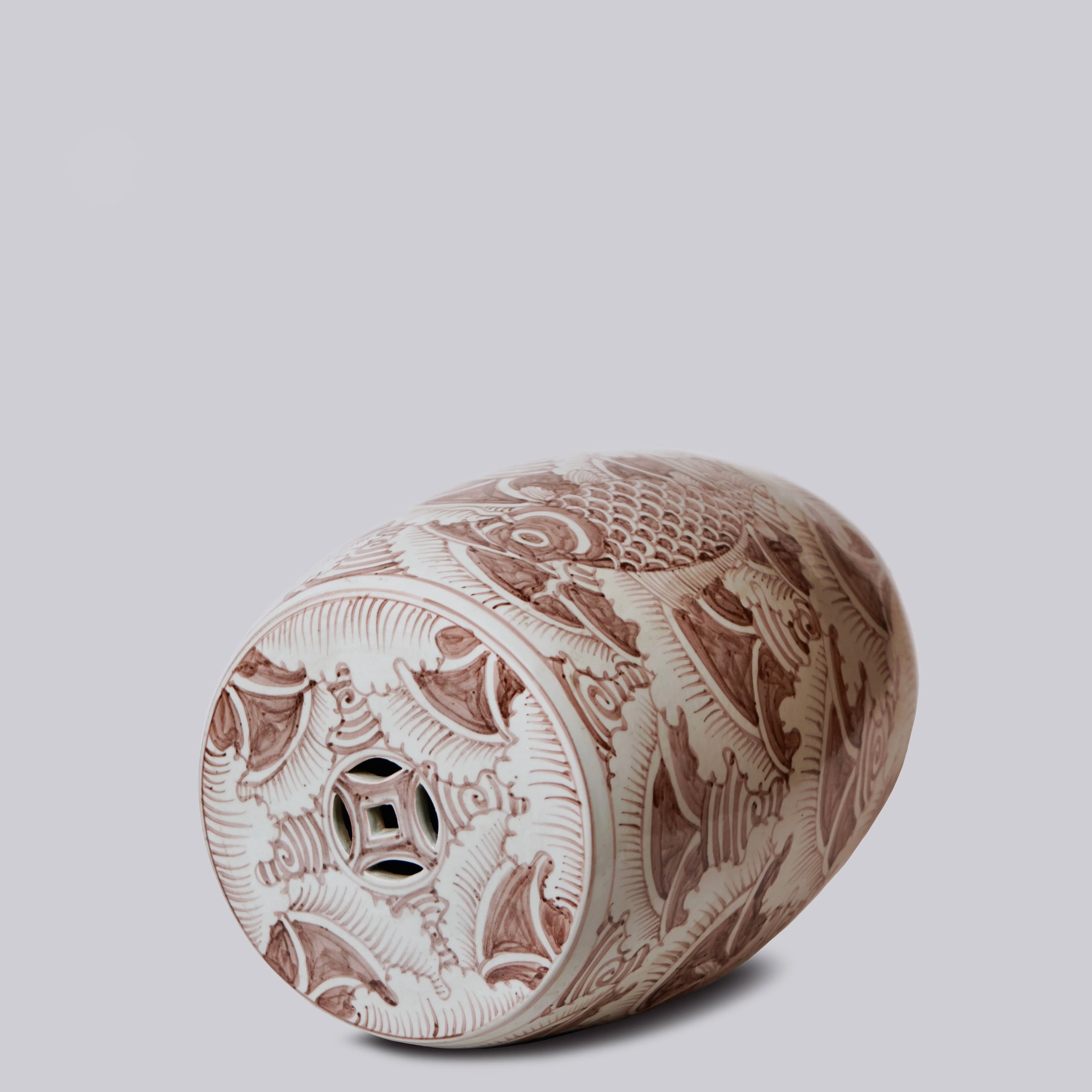 Red and White Porcelain Fish & Waves Garden Seat - Image 4