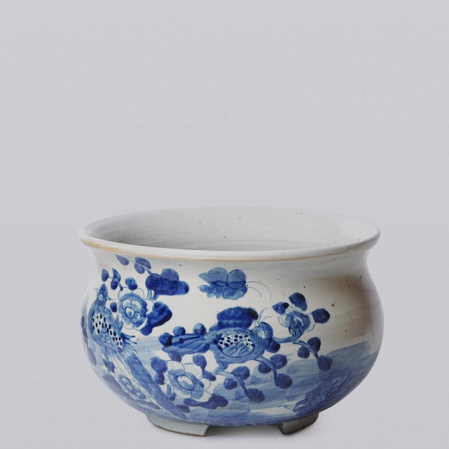 Rustic Bird & Flower Blue & White Porcelain Bulbous Cachepot - Image 3