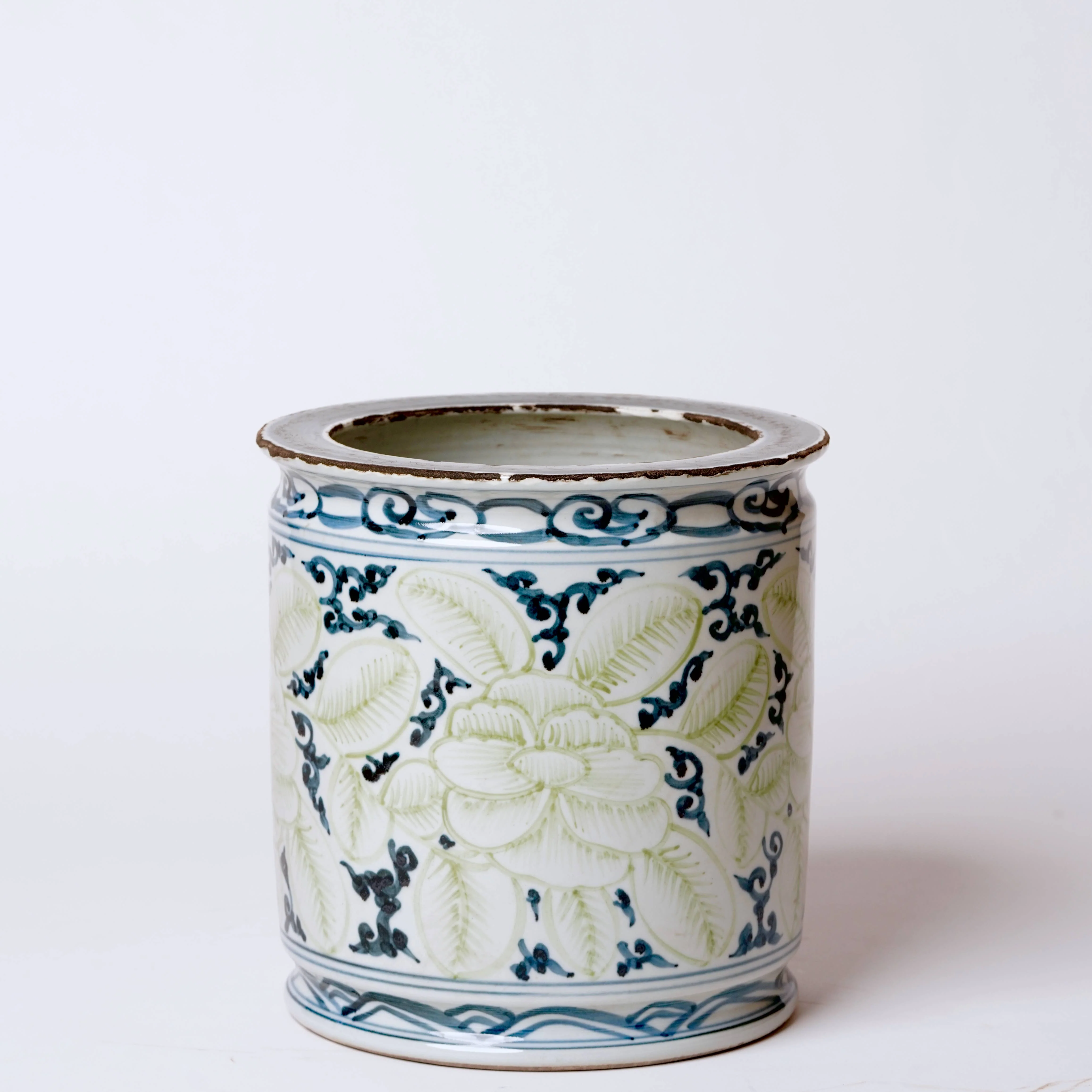 Rustic Blue and Green Floral Porcelain Cachepot