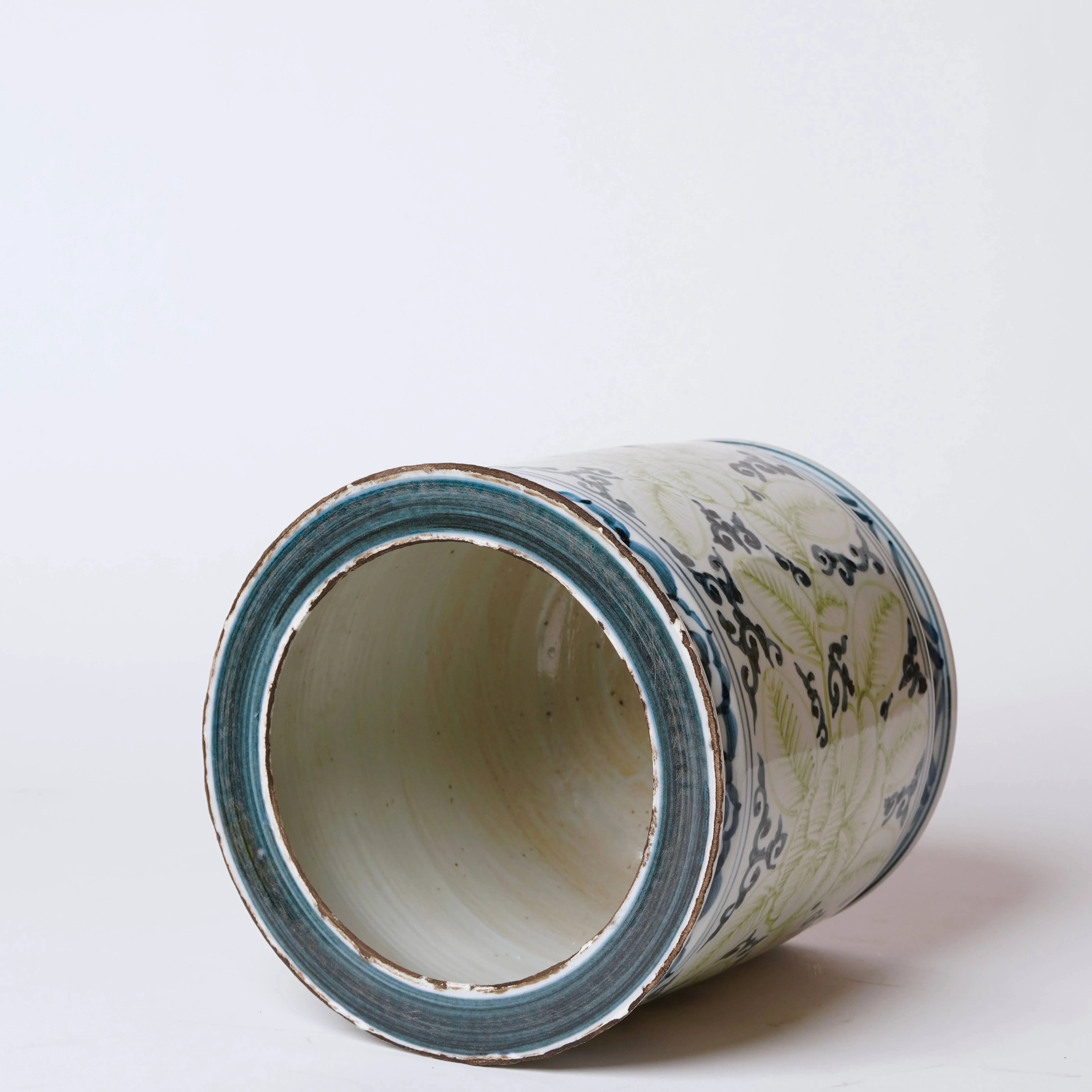 Rustic Blue and Green Floral Porcelain Cachepot - Image 2