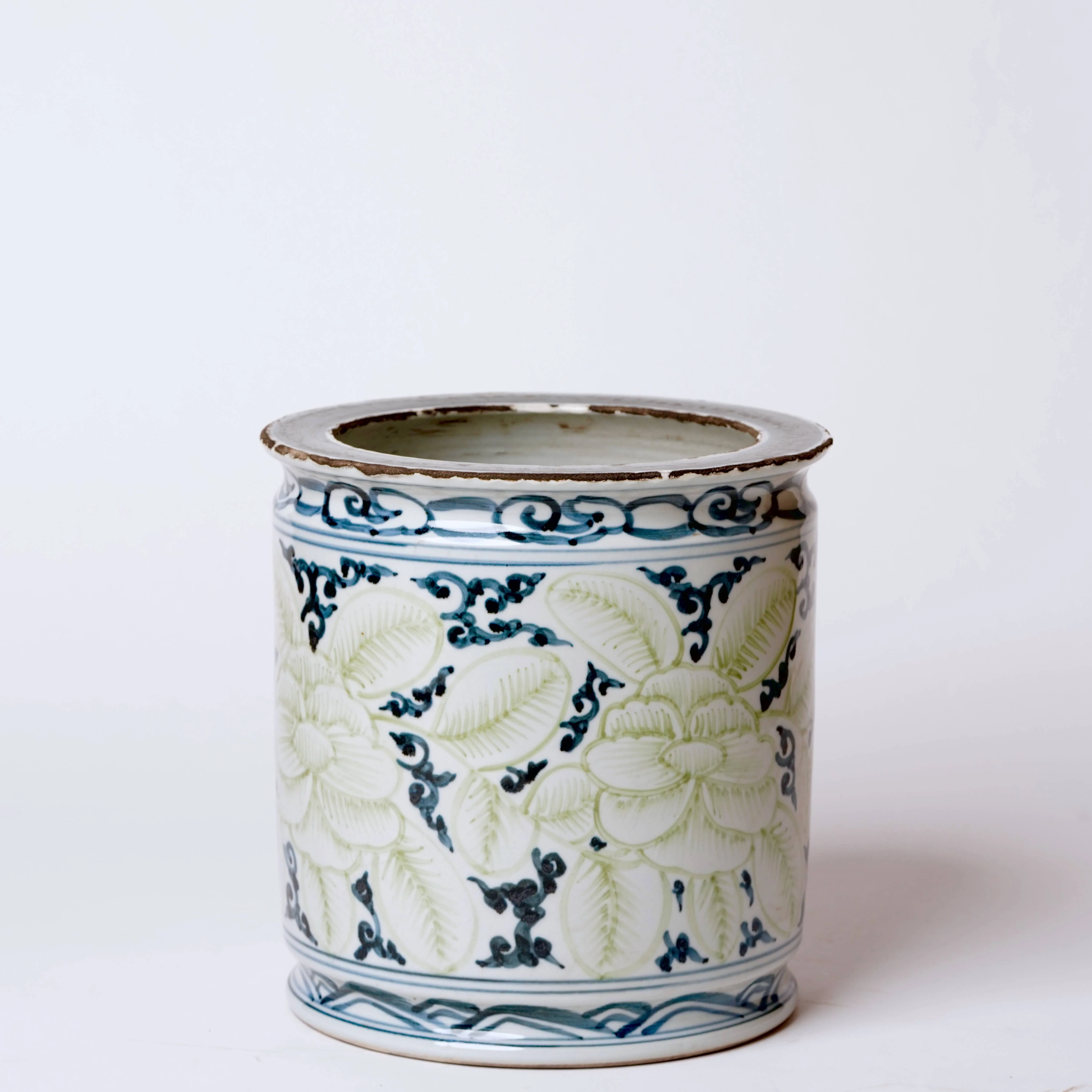 Rustic Blue and Green Floral Porcelain Cachepot - Image 3