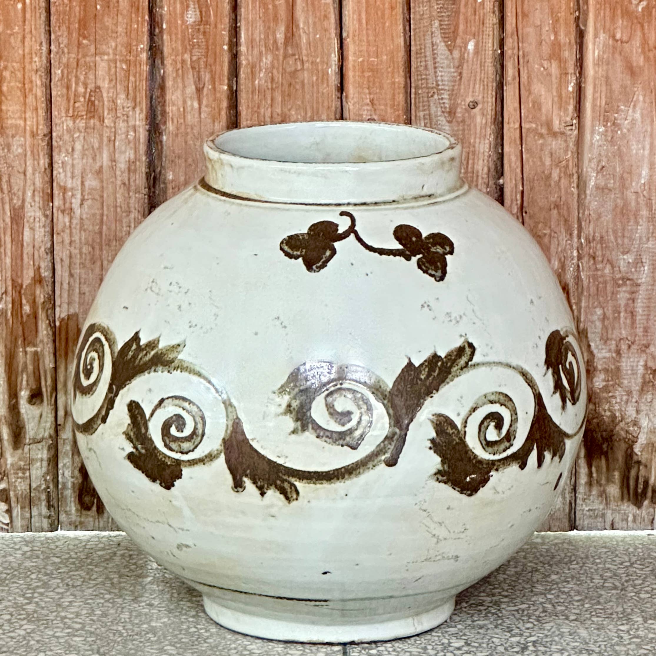 Rustic Copper Glazed Porcelain Floral Scroll Jar - Image 3