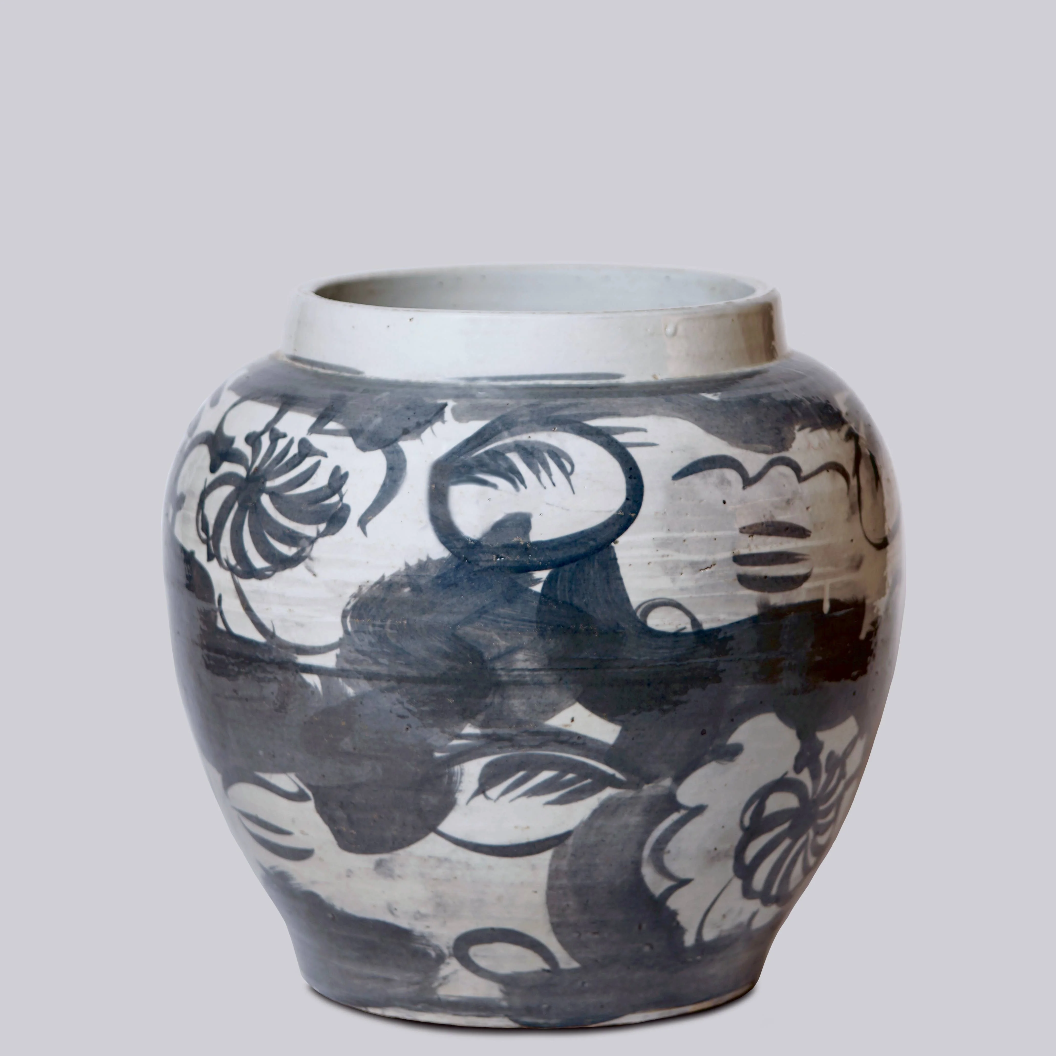 Rustic Floral Blue and White Porcelain Pot