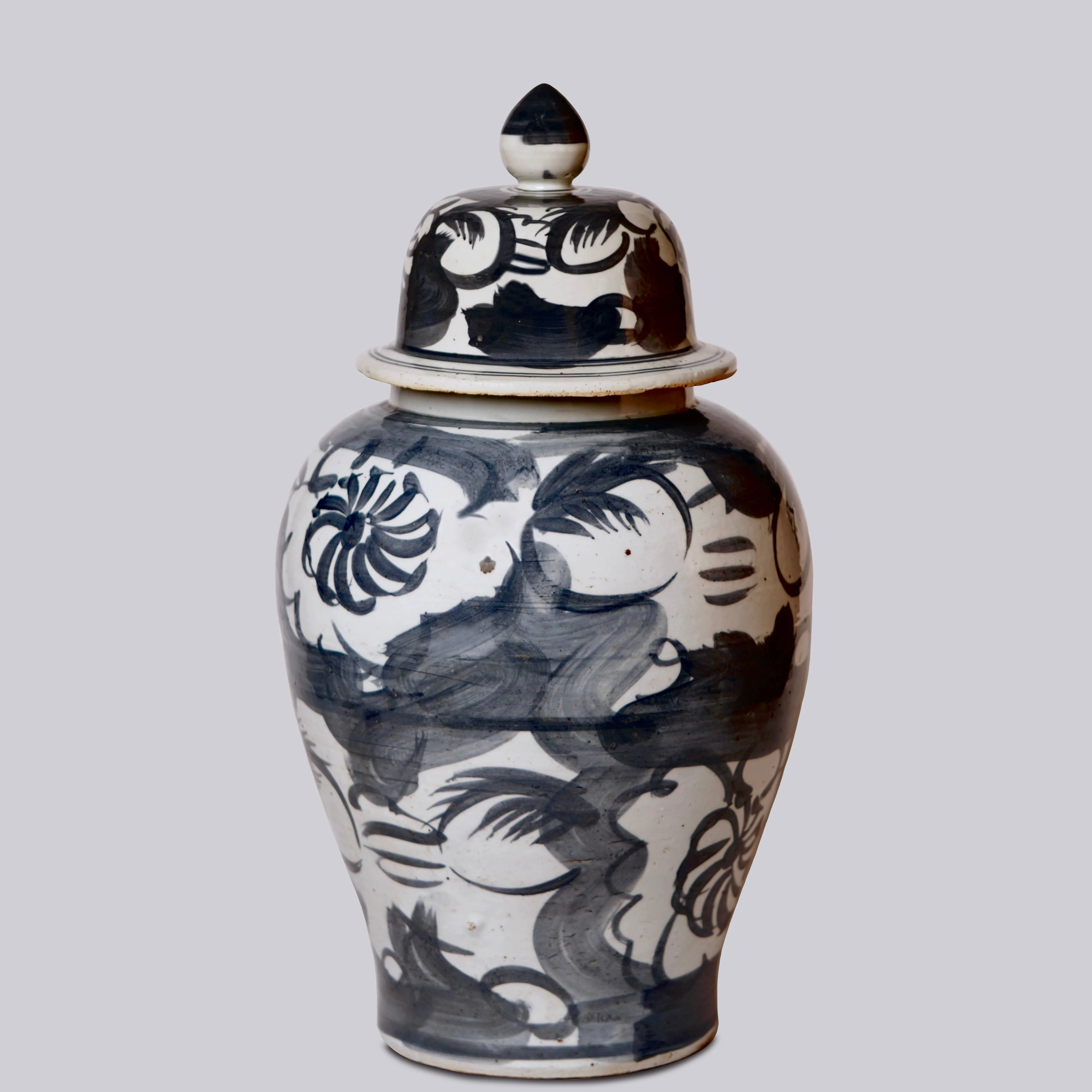 Rustic Floral Blue and White Porcelain Temple Jar