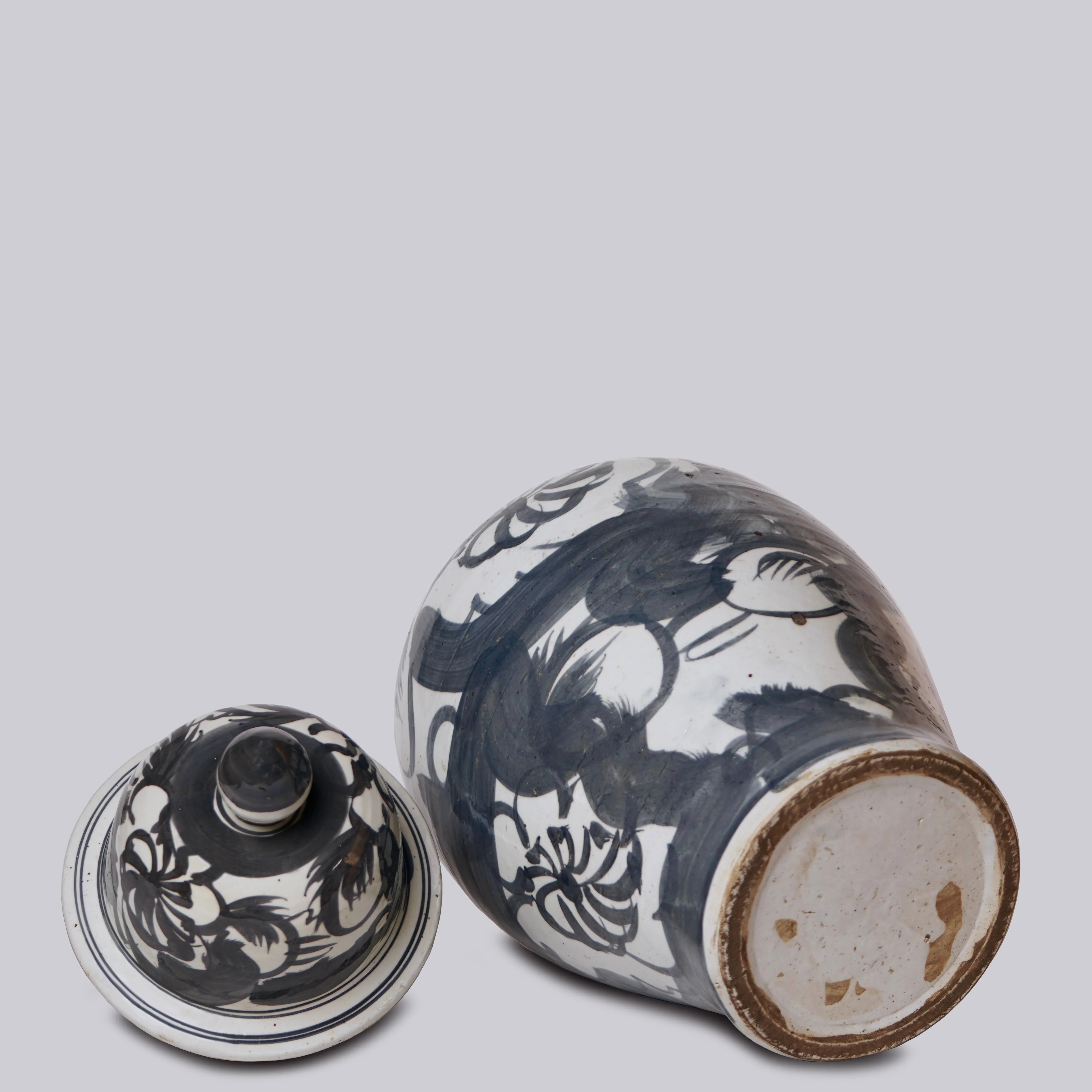 Rustic Floral Blue and White Porcelain Temple Jar - Image 5