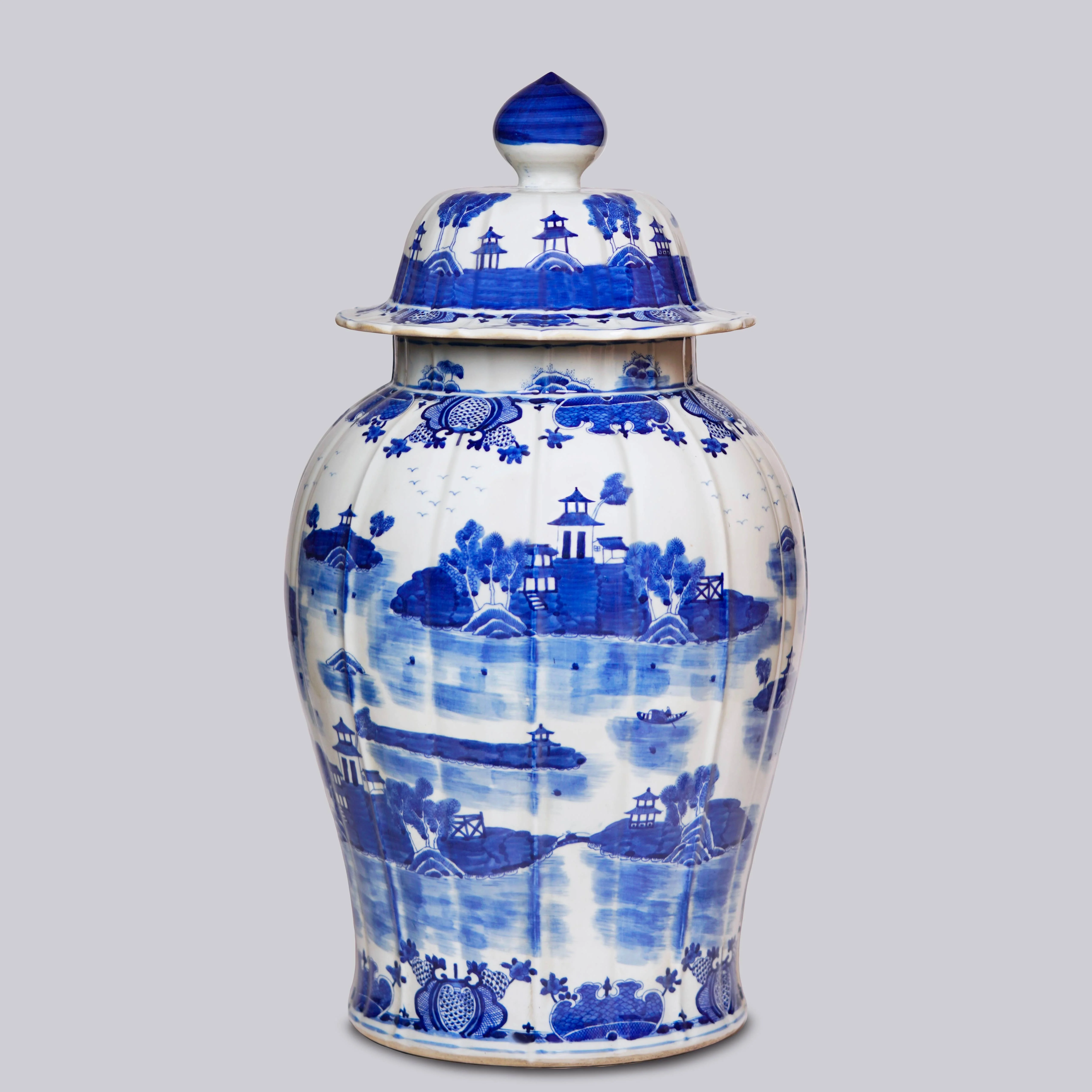 Willow Ware Blue & White Porcelain Ribbed Jar - Image 3