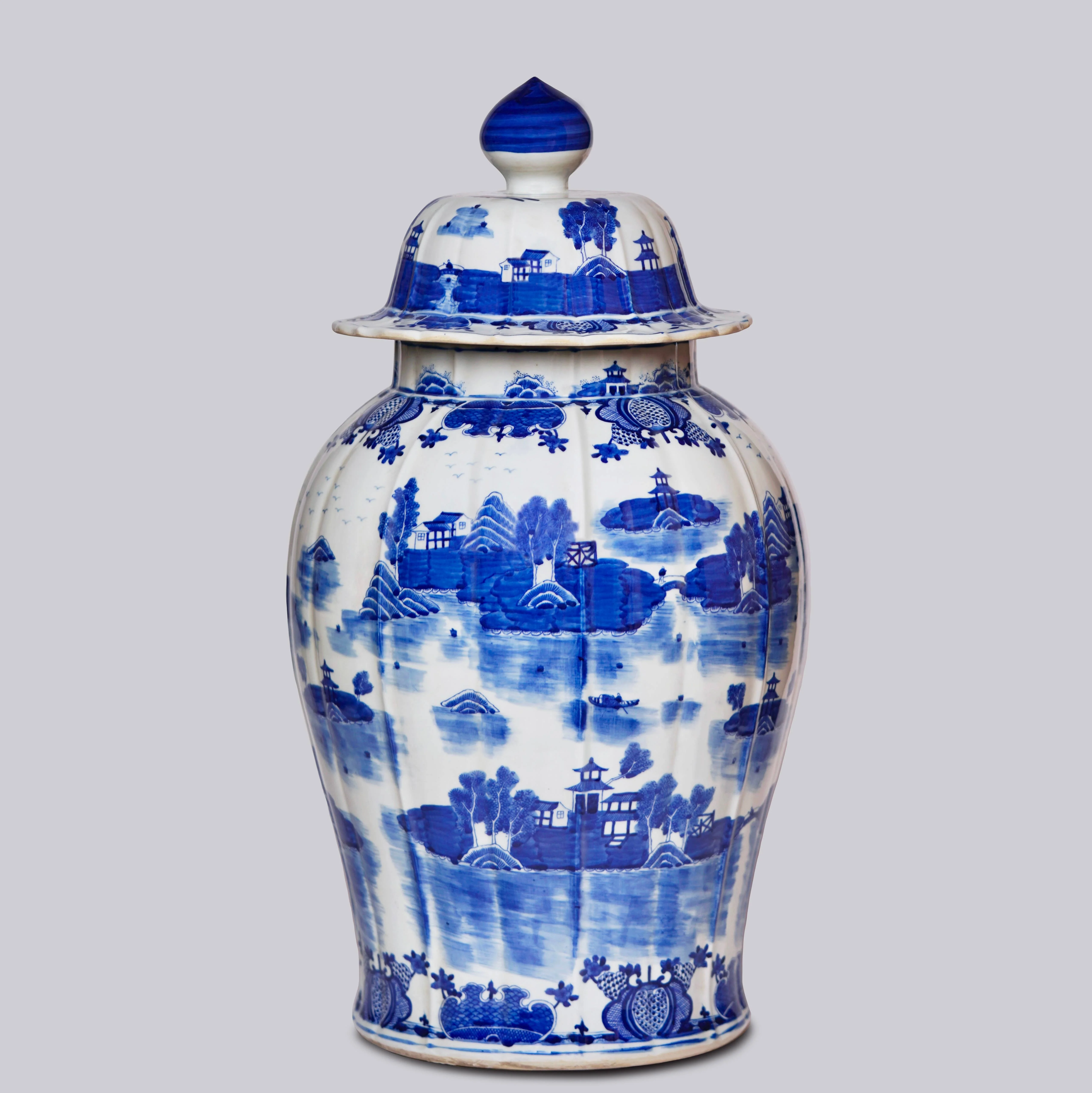 Willow Ware Blue & White Porcelain Ribbed Jar - Image 6