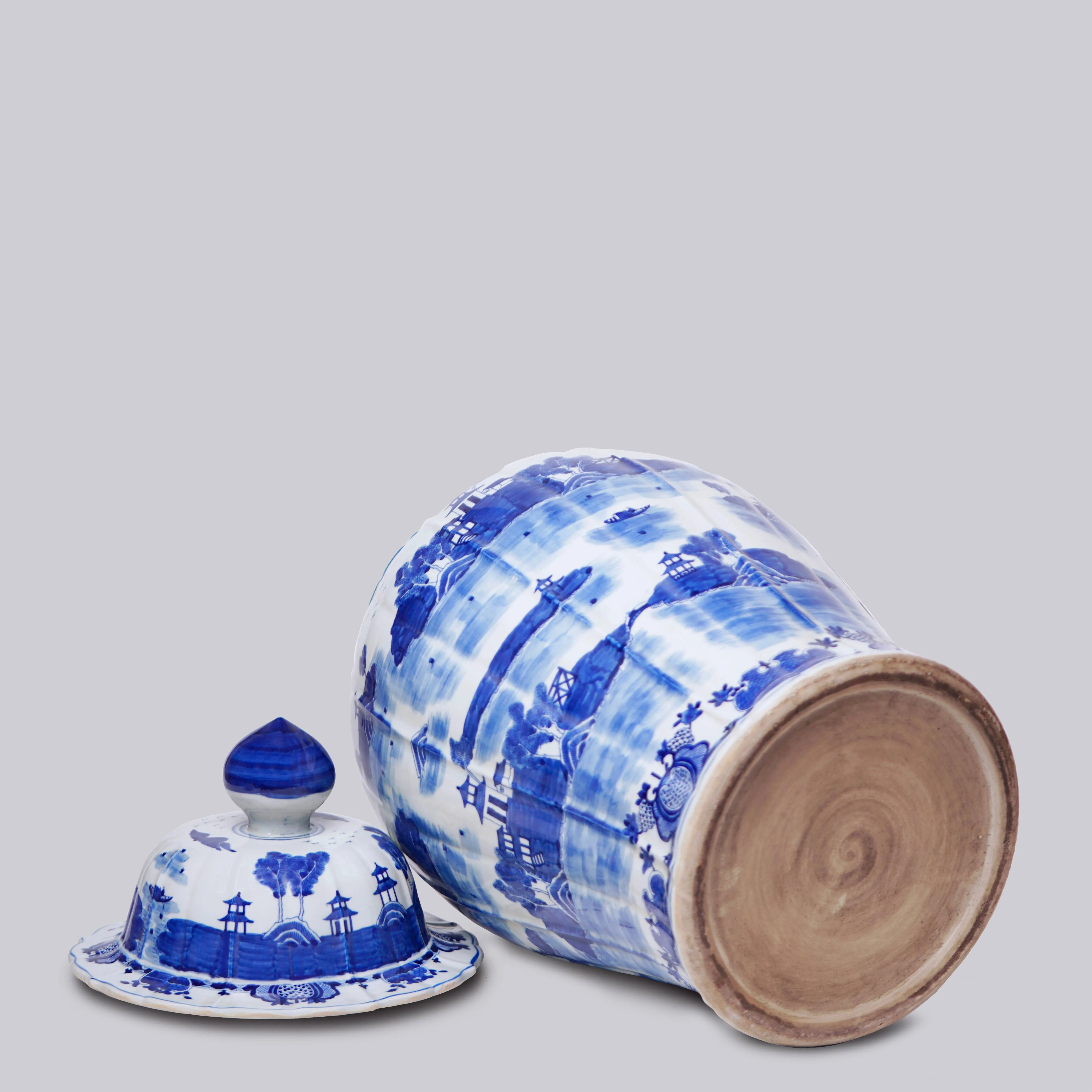 Willow Ware Blue & White Porcelain Ribbed Jar - Image 7