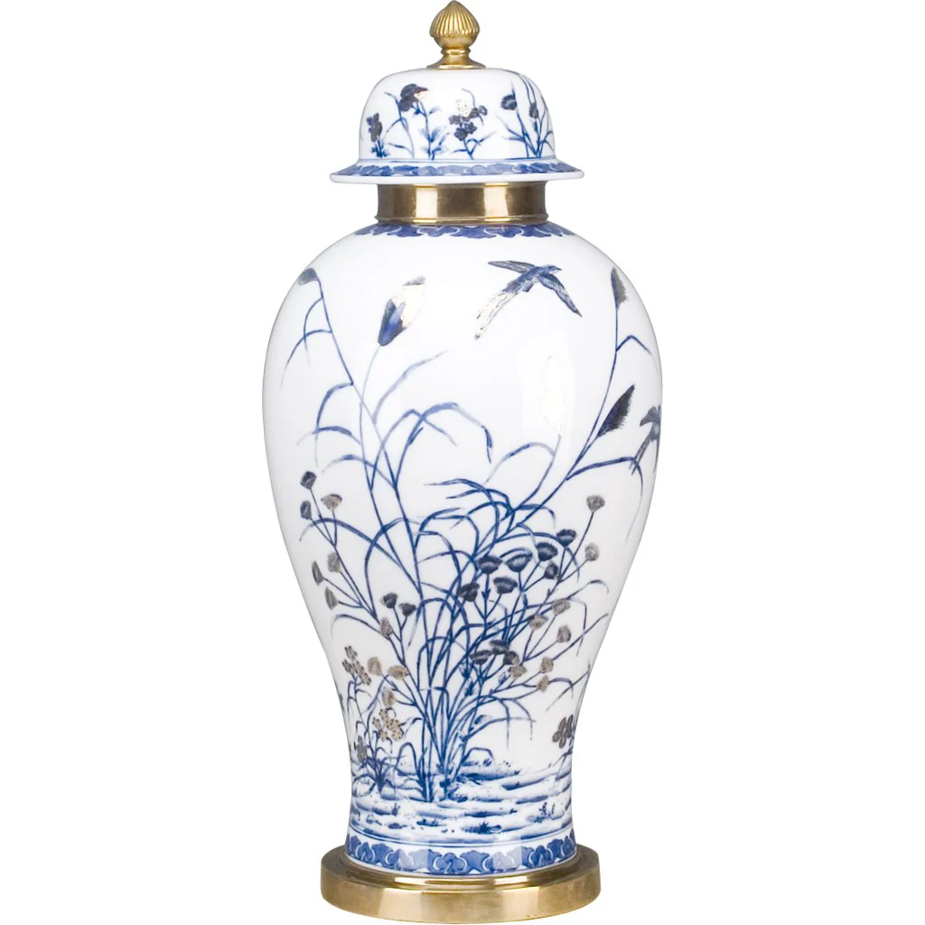 Danny's Fine Porcelain 10L X 10W X 23H ROUND JAR WITH BRONZE- BLUE AND WHITE WITH REAL GOLD GLAZE 60320