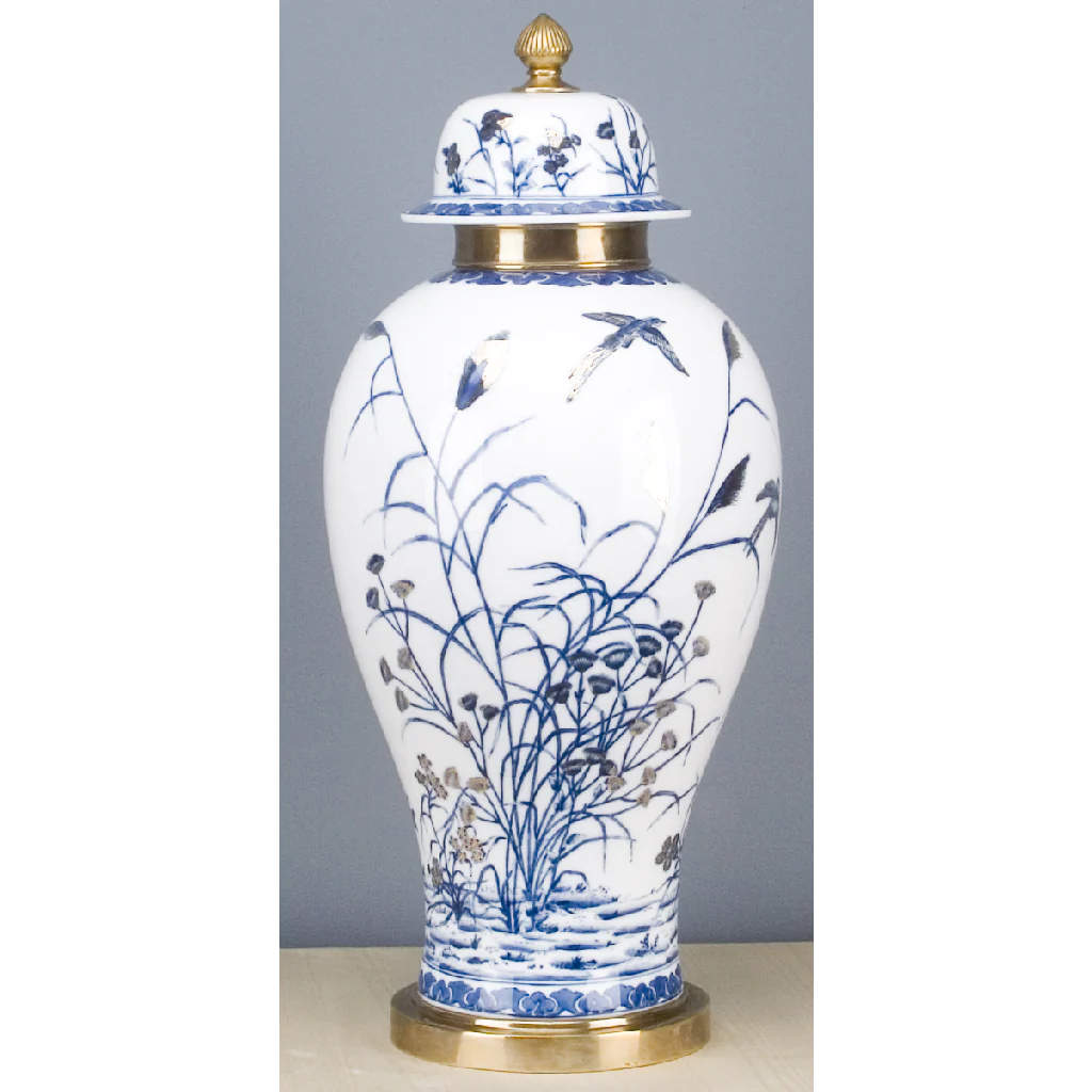 Danny's Fine Porcelain 10L X 10W X 23H ROUND JAR WITH BRONZE- BLUE AND WHITE WITH REAL GOLD GLAZE 60320 - Image 2