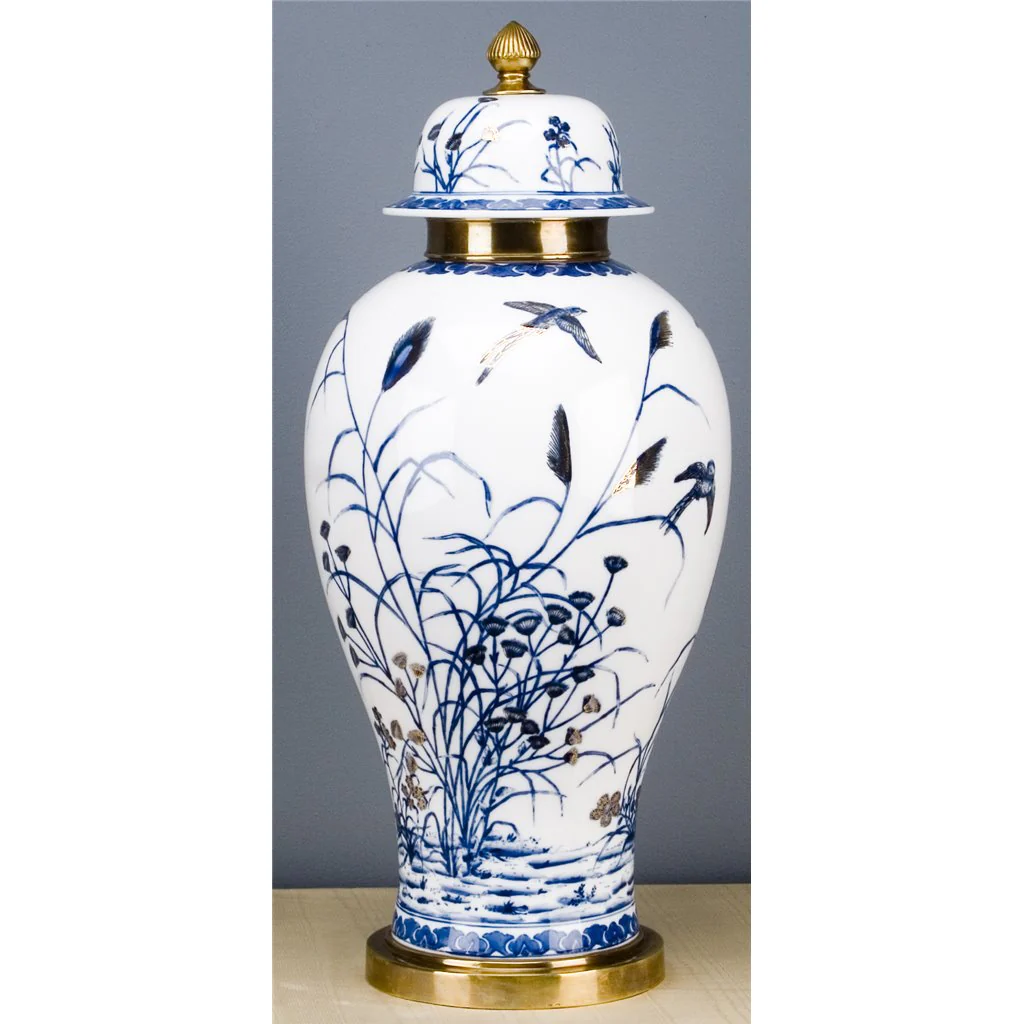 Danny's Fine Porcelain 10L X 10W X 23H ROUND JAR WITH BRONZE- BLUE AND WHITE WITH REAL GOLD GLAZE 60320 - Image 3