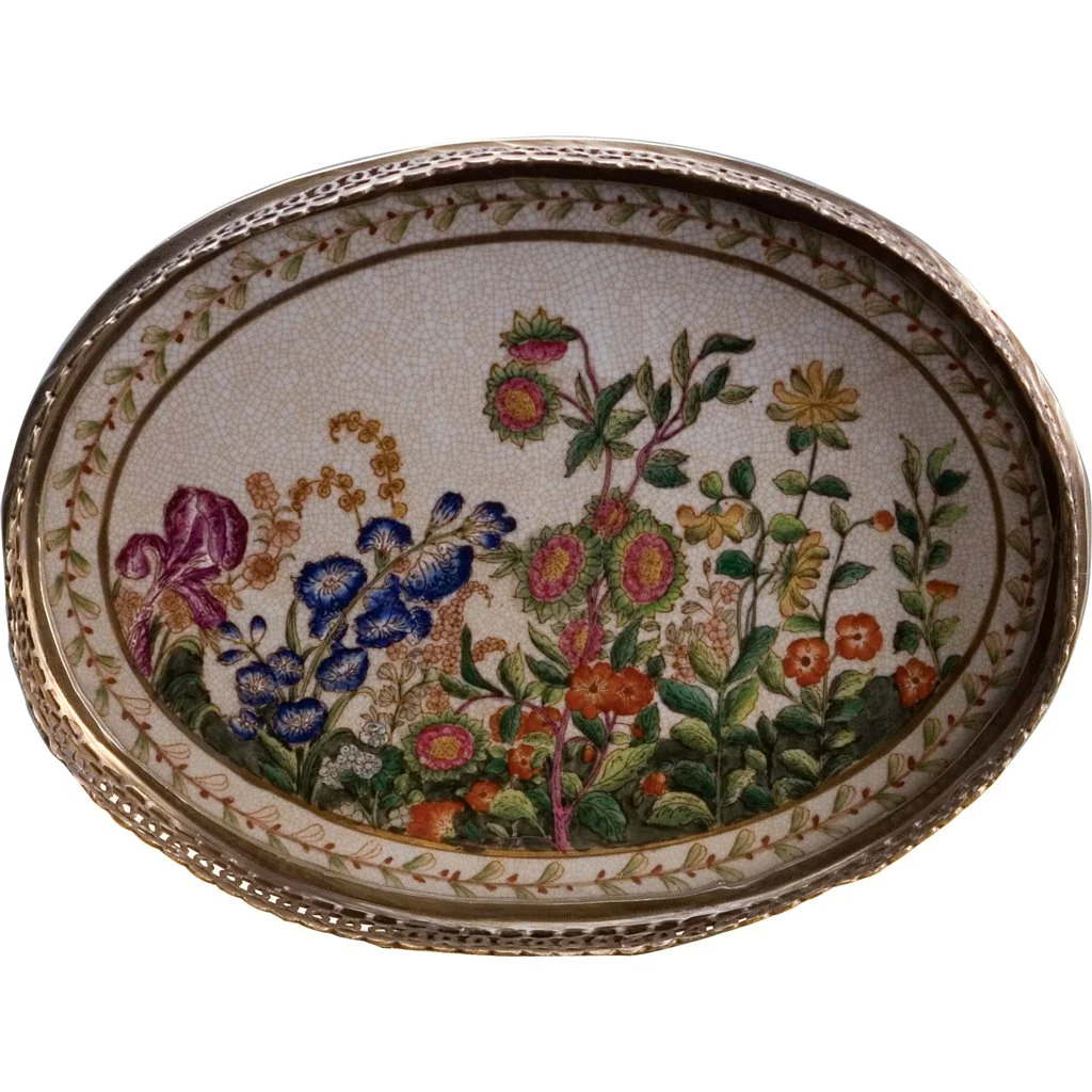 Danny's Fine Porcelain 10L X 7.5W X 2H PORCELAIN OVAL TRAY WITH BRONZE ORMOLU - WILDBREEZE 14063
