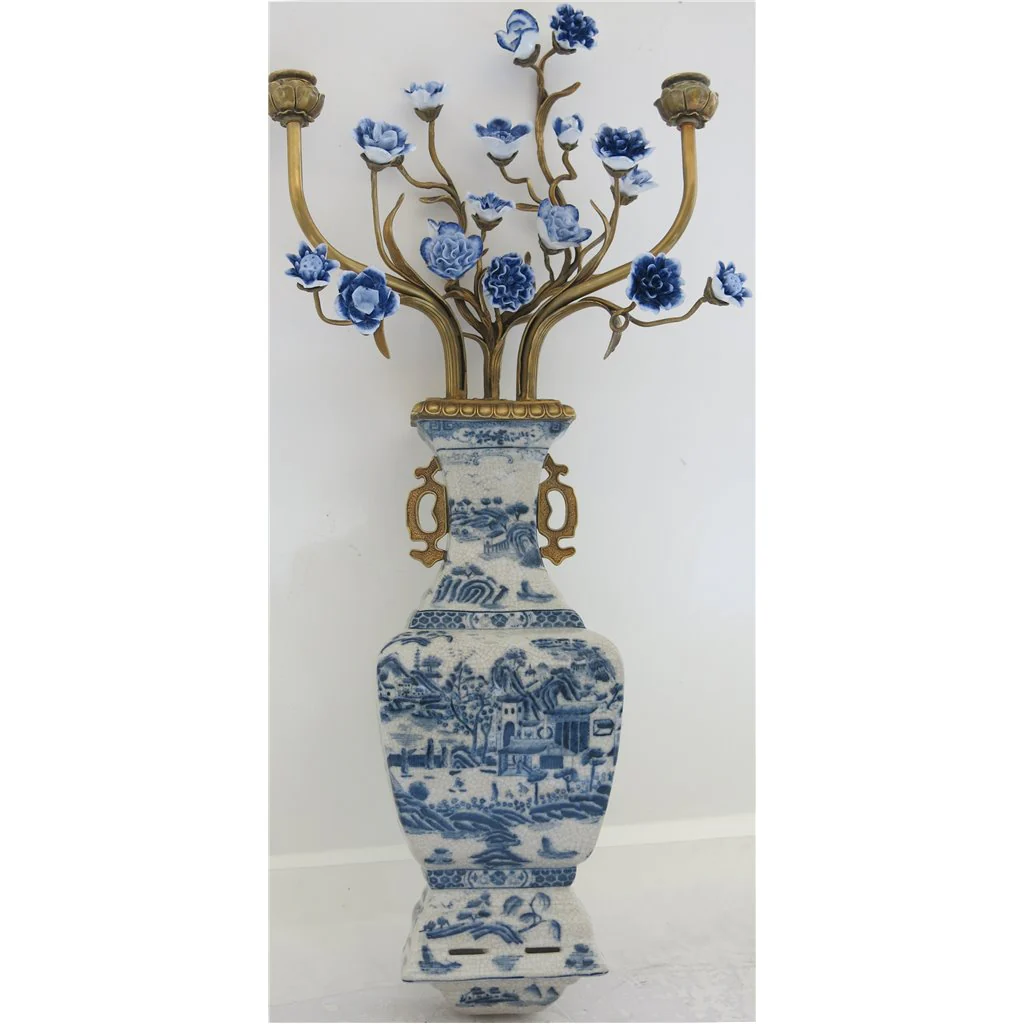Danny's Fine Porcelain 12L X 3.5W X 28H Wall Hanging Vase with Candle Cups Blue Willow 60997 - Image 2