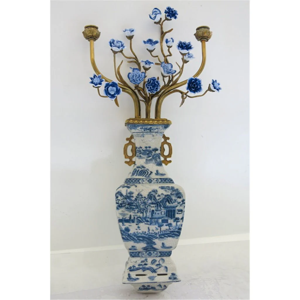 Danny's Fine Porcelain 12L X 3.5W X 28H Wall Hanging Vase with Candle Cups Blue Willow 60997 - Image 3