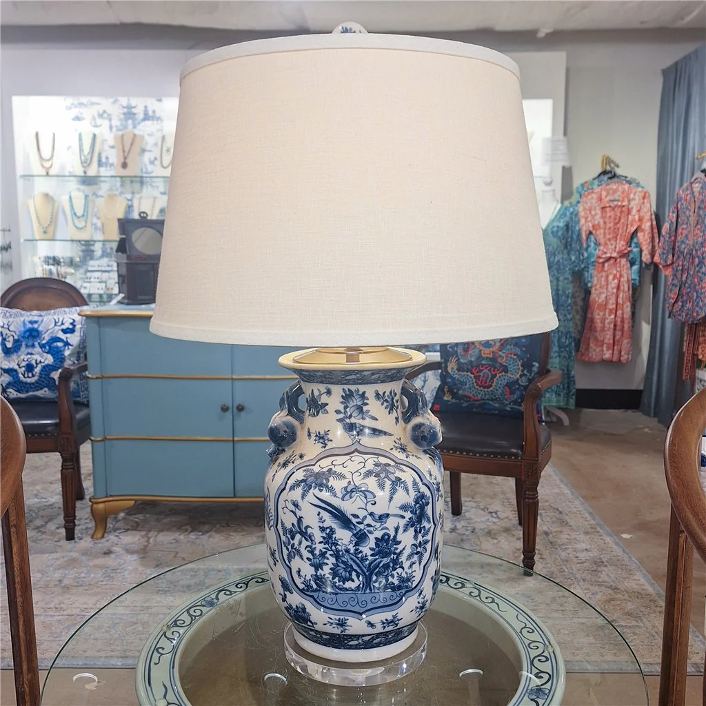 Danny's Fine Porcelain 17Lx17Wx 28H Round Vase Lamp - B/W Birds & Florals [Acrylic_Base/Sh:2-847-17] 10794-LA - Image 2